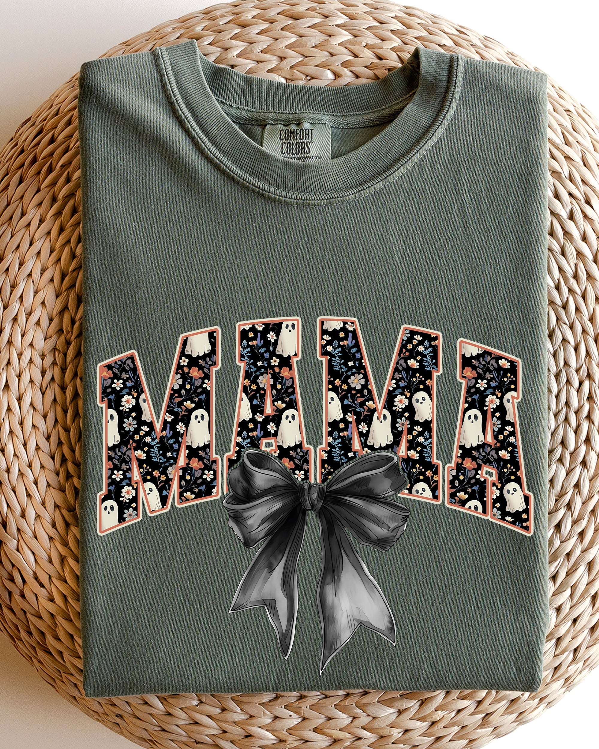Mama Halloween Bow Ribbon Goth Spooky Witch Varsity Collegiate Comfort Colors Tee