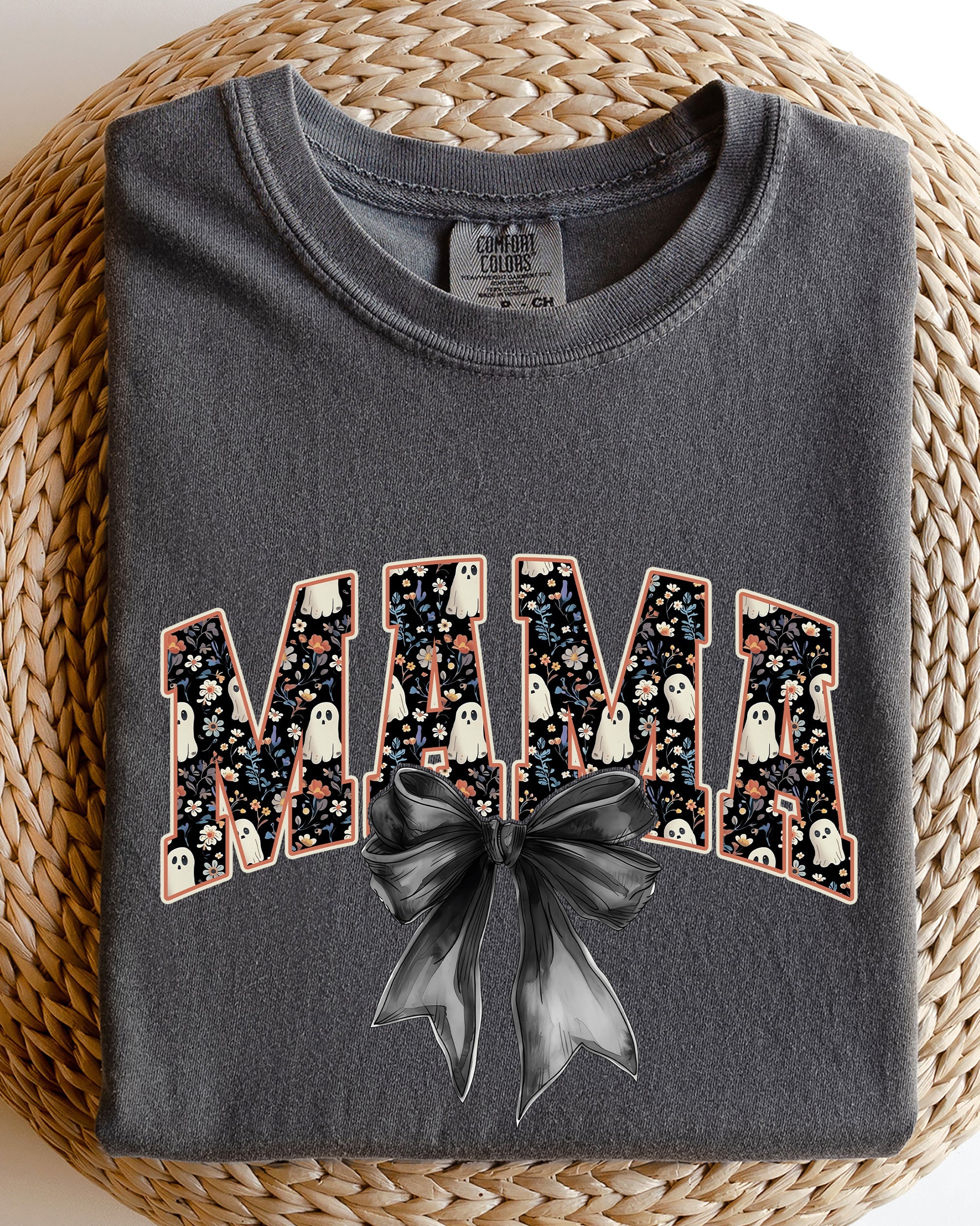 Mama Halloween Bow Ribbon Goth Spooky Witch Varsity Collegiate Comfort Colors Tee