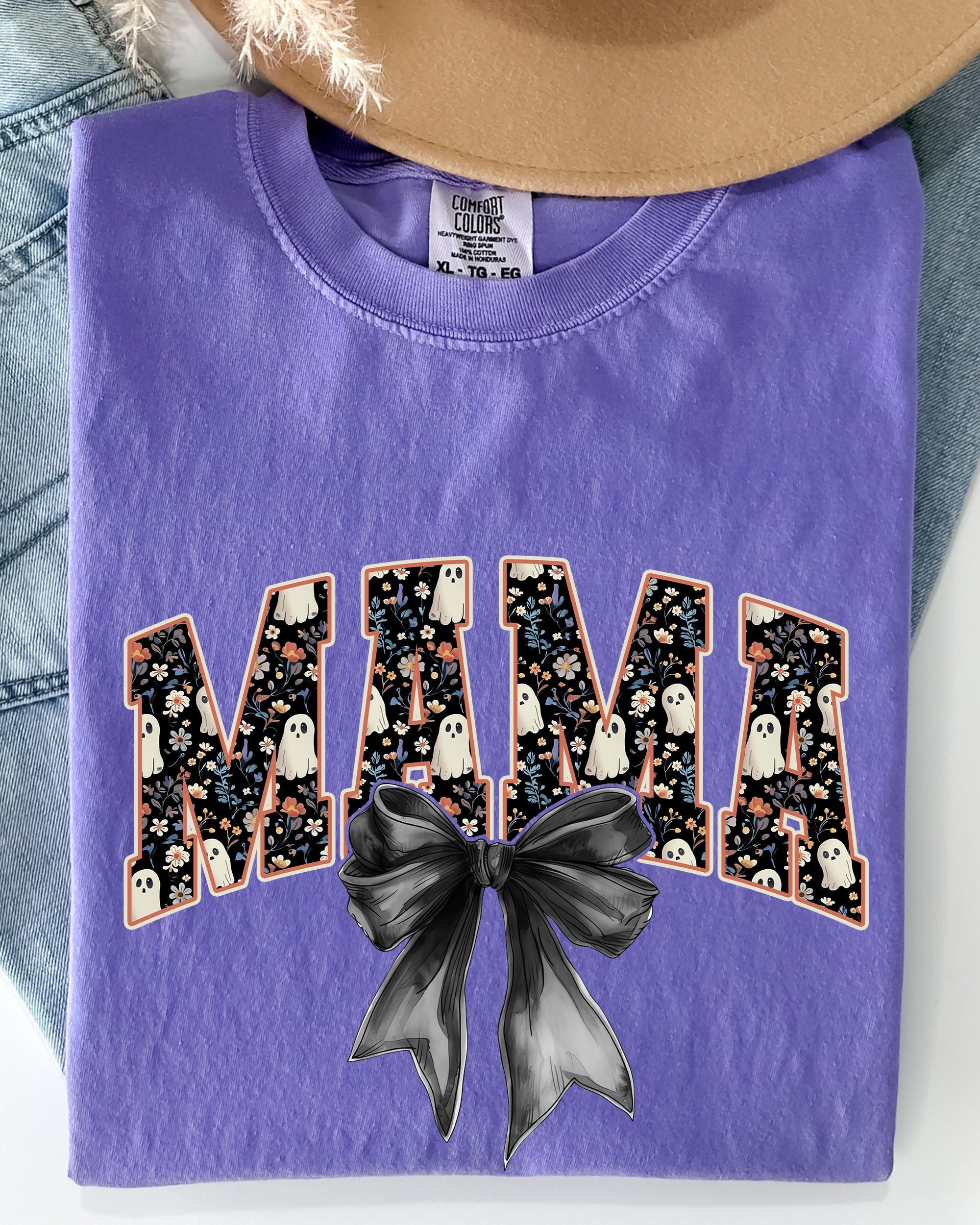 Mama Halloween Bow Ribbon Goth Spooky Witch Varsity Collegiate Comfort Colors Tee