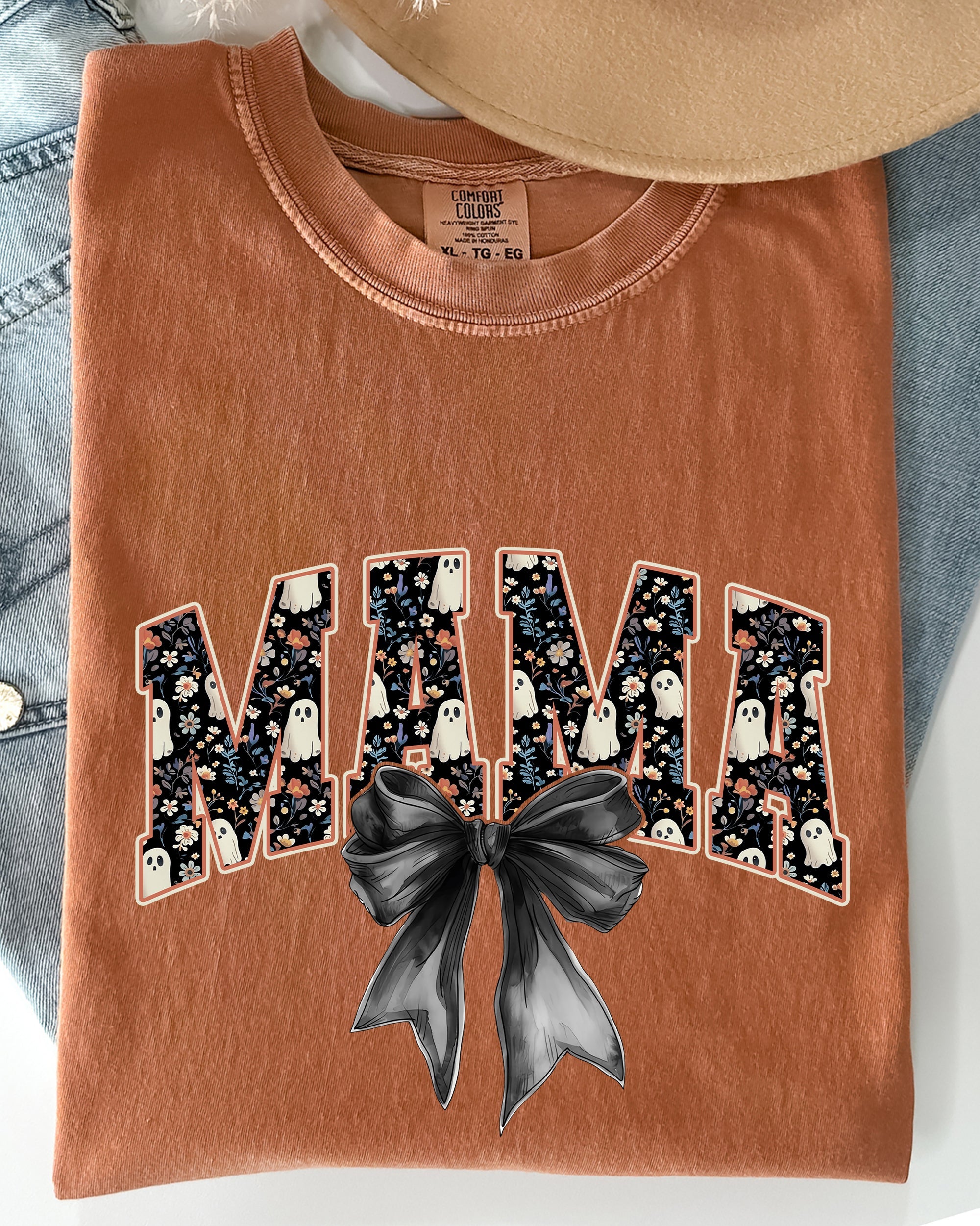Mama Halloween Bow Ribbon Goth Spooky Witch Varsity Collegiate Comfort Colors Tee