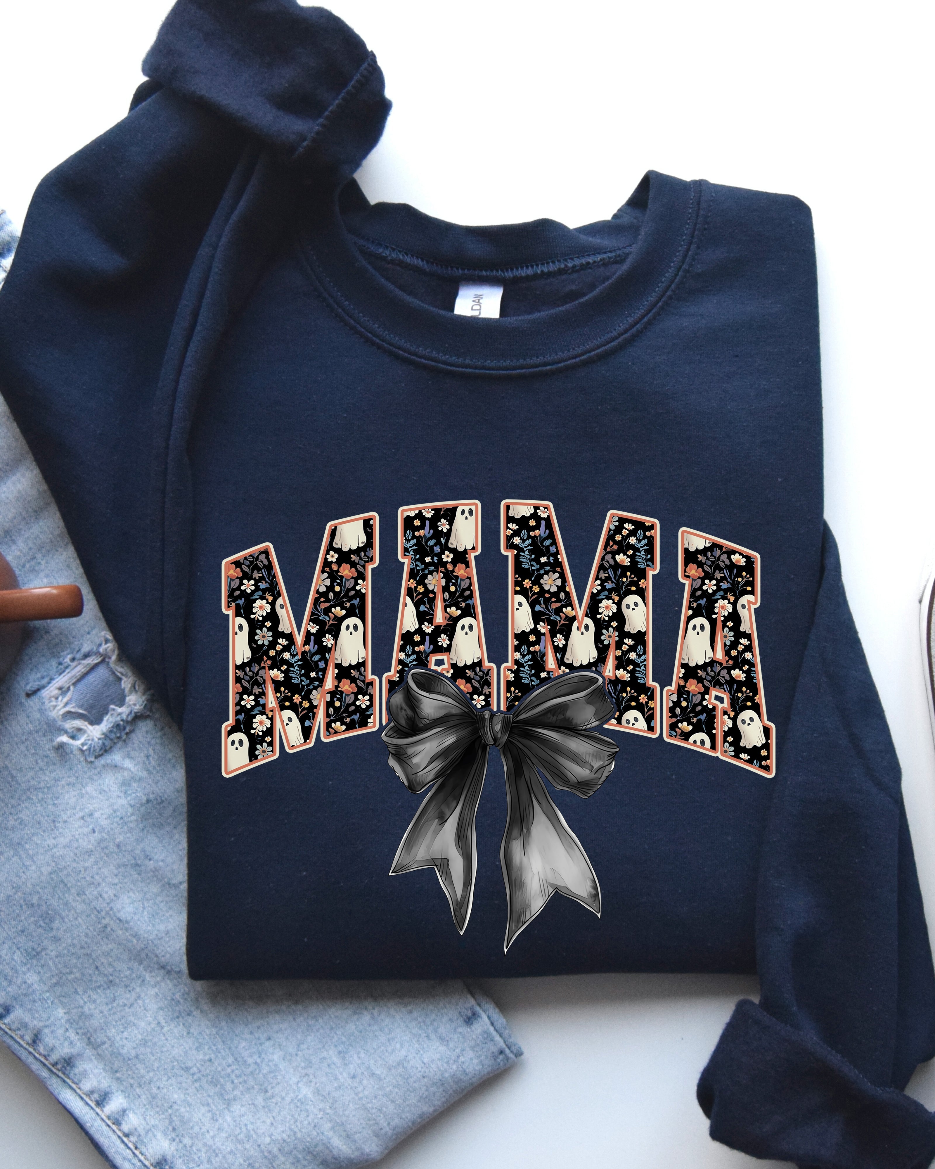 Mama Halloween Bow Ribbon Goth Spooky Witch Varsity Collegiate Graphic Sweatshirt