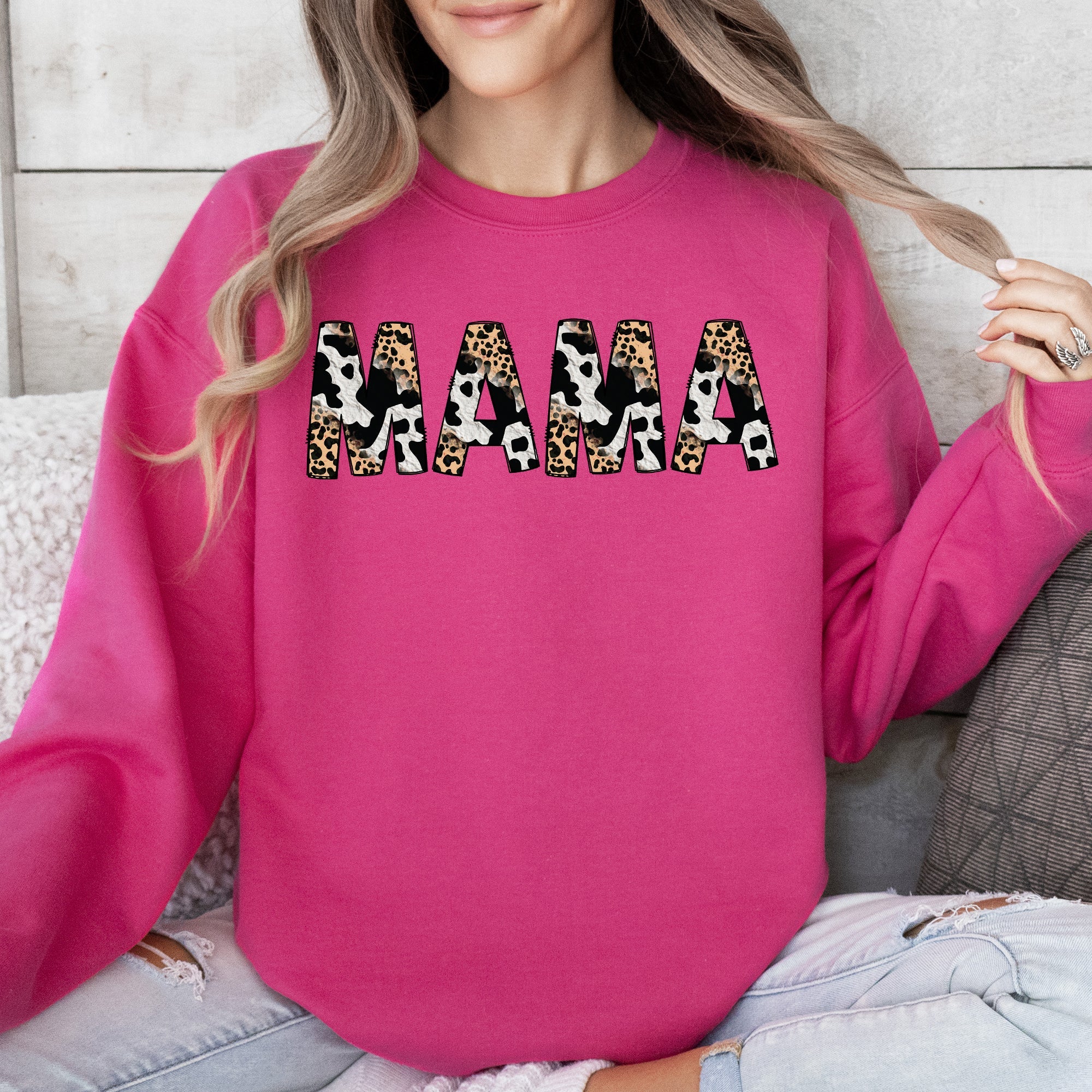 Mama Leopard Cow Print Classic Animal Print Mother's Day Cozy Soft Fleece Sweatshirt