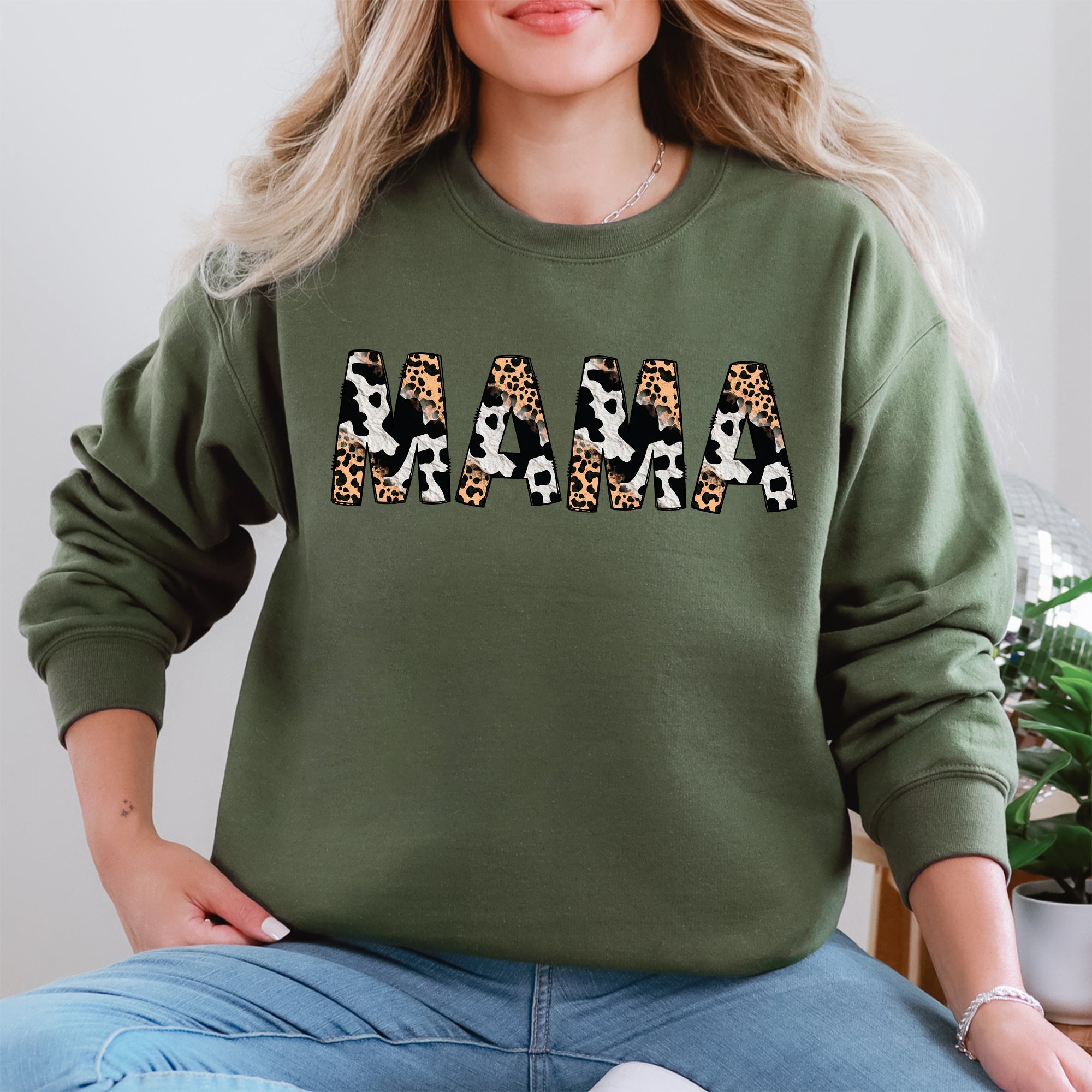 Mama Leopard Cow Print Classic Animal Print Mother's Day Cozy Soft Fleece Sweatshirt