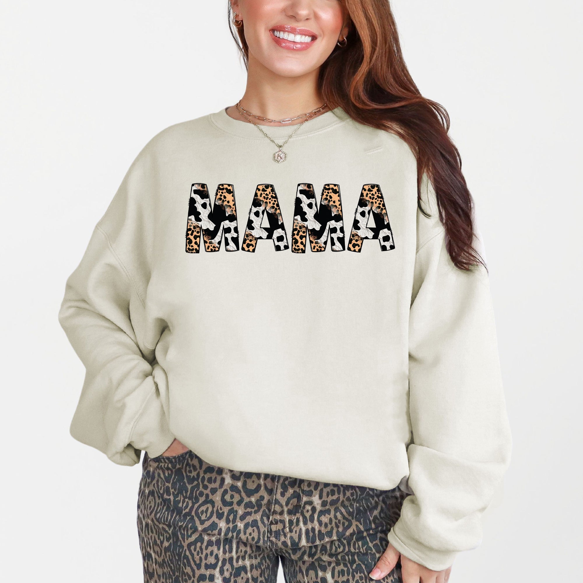 Mama Leopard Cow Print Classic Animal Print Mother's Day Cozy Soft Fleece Sweatshirt