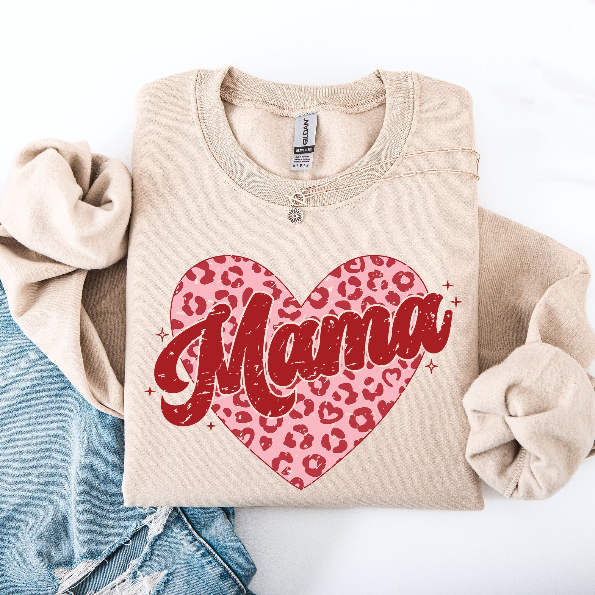 Mama Leopard Print Hearts Valentine's Day Love Pattern For Moms Cozy Fleece Sweatshirt