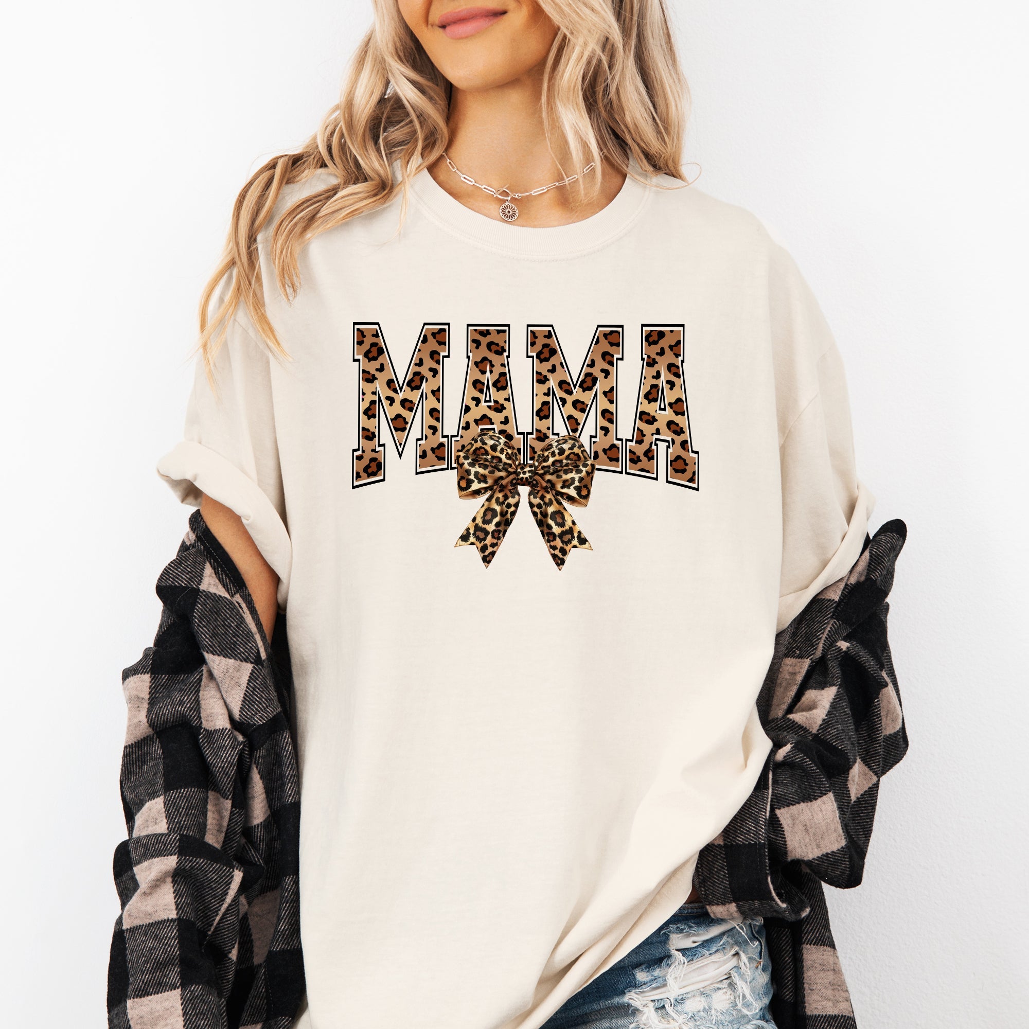 Mama Leopard Print Bow Ribbon Mother's Day Celebration Edition Leopard Style Vintage-Inspired Comfort Colors Tee