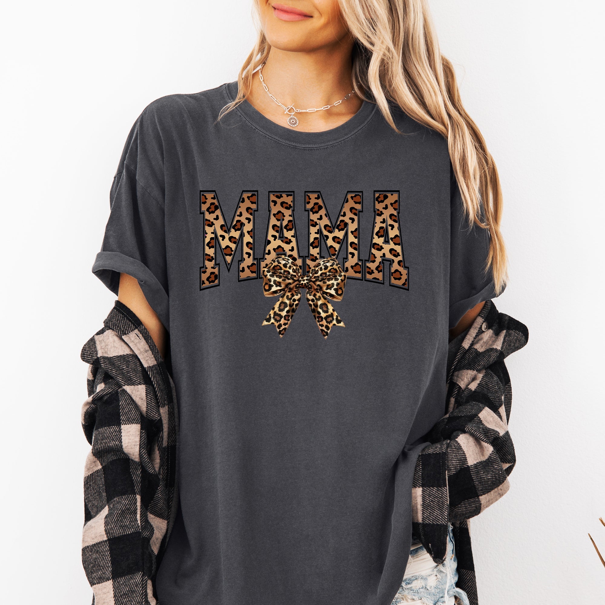 Mama Leopard Print Bow Ribbon Mother's Day Celebration Edition Leopard Style Vintage-Inspired Comfort Colors Tee