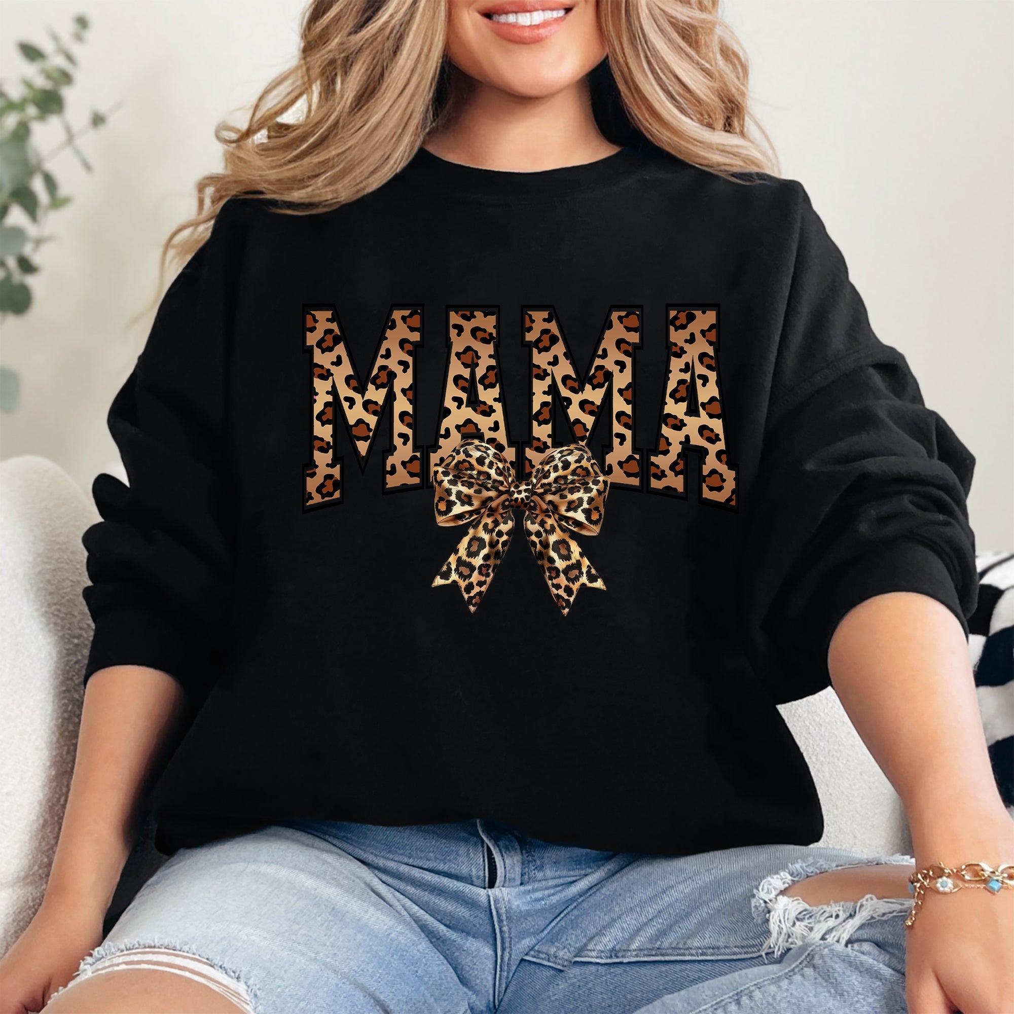Mama Leopard Print Bow Ribbon Mother's Day Cozy Fleece Style Edition Deluxe Sweatshirt