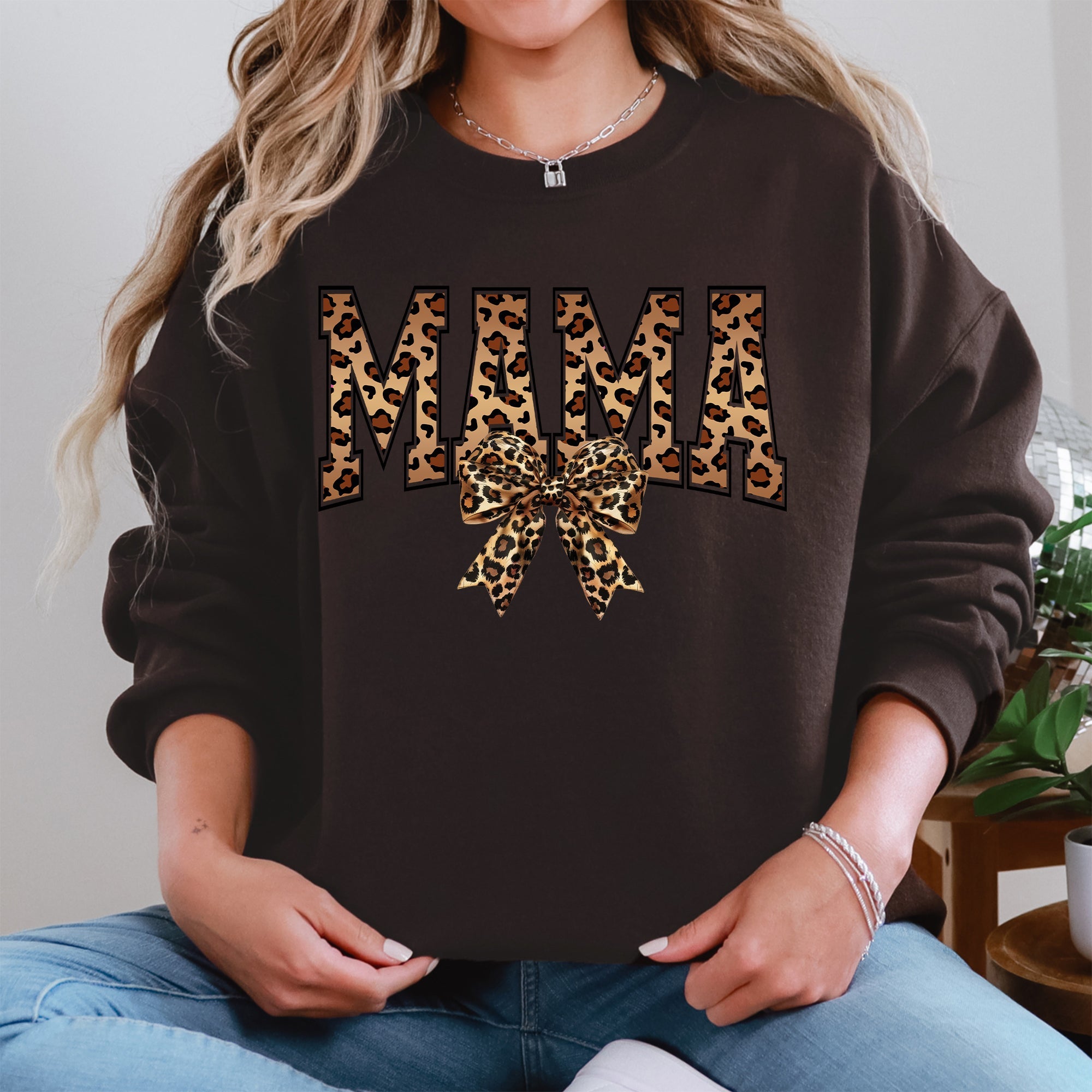 Mama Leopard Print Bow Ribbon Mother's Day Cozy Fleece Style Edition Deluxe Sweatshirt