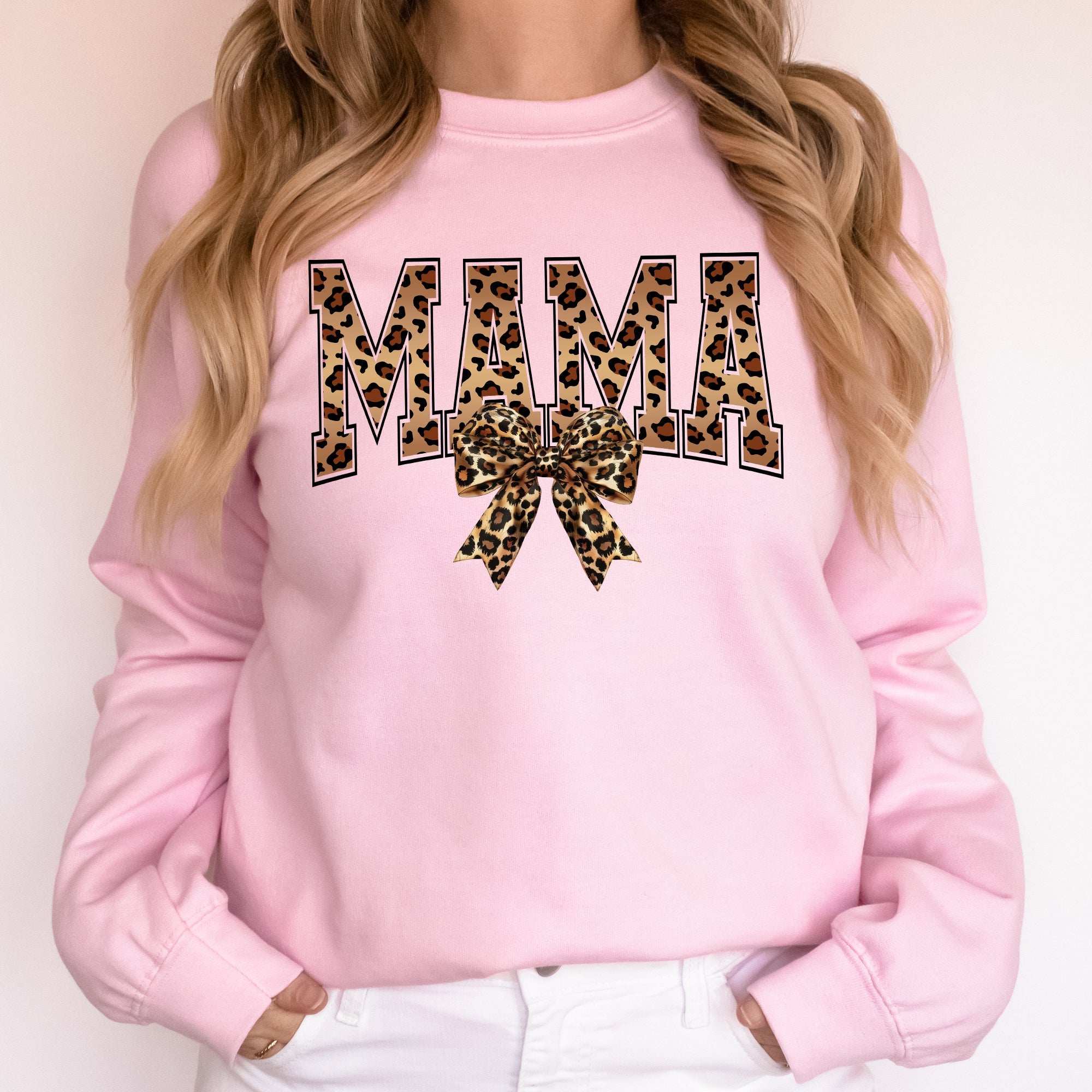 Mama Leopard Print Bow Ribbon Mother's Day Cozy Fleece Style Edition Deluxe Sweatshirt