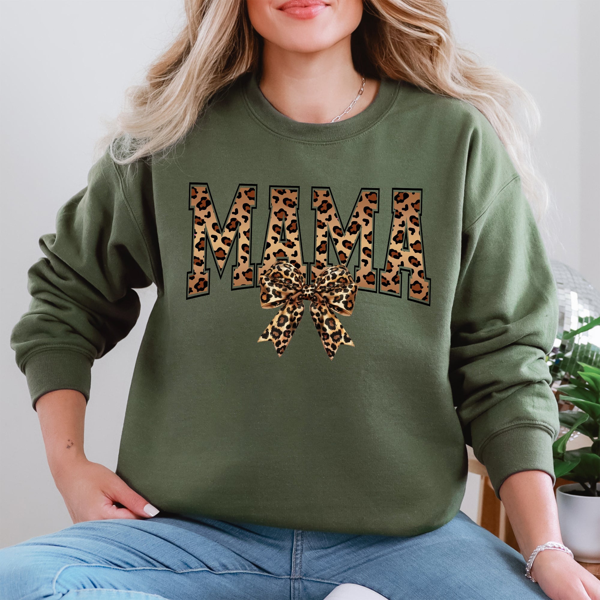 Mama Leopard Print Bow Ribbon Mother's Day Cozy Fleece Style Edition Deluxe Sweatshirt