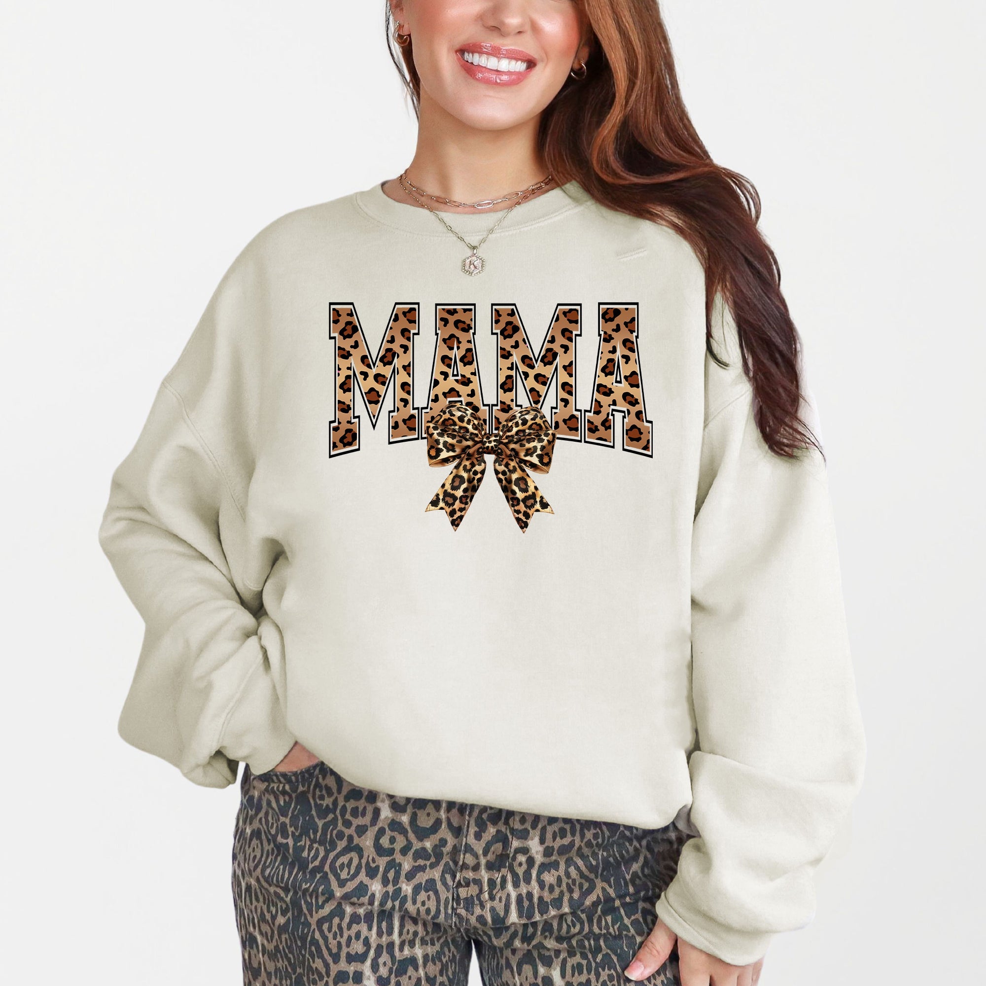 Mama Leopard Print Bow Ribbon Mother's Day Cozy Fleece Style Edition Deluxe Sweatshirt
