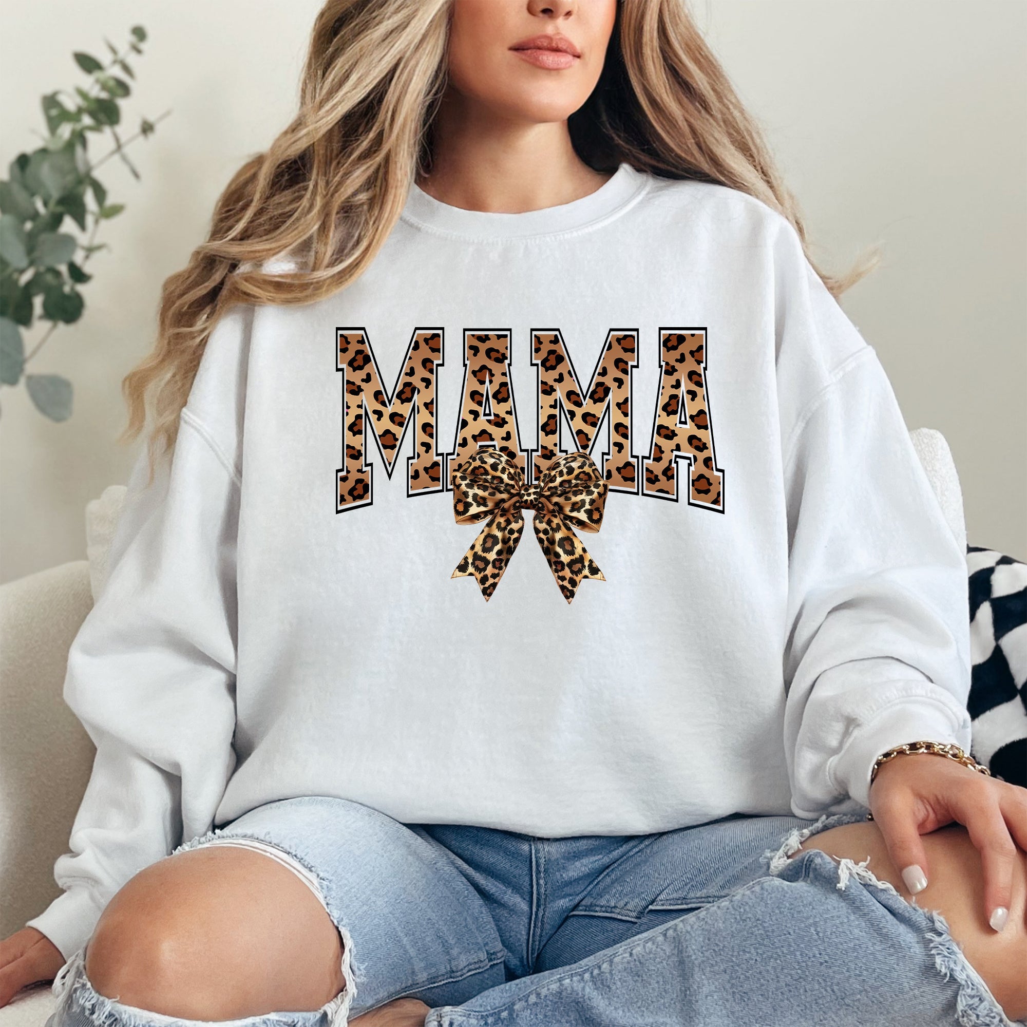 Mama Leopard Print Bow Ribbon Mother's Day Cozy Fleece Style Edition Deluxe Sweatshirt
