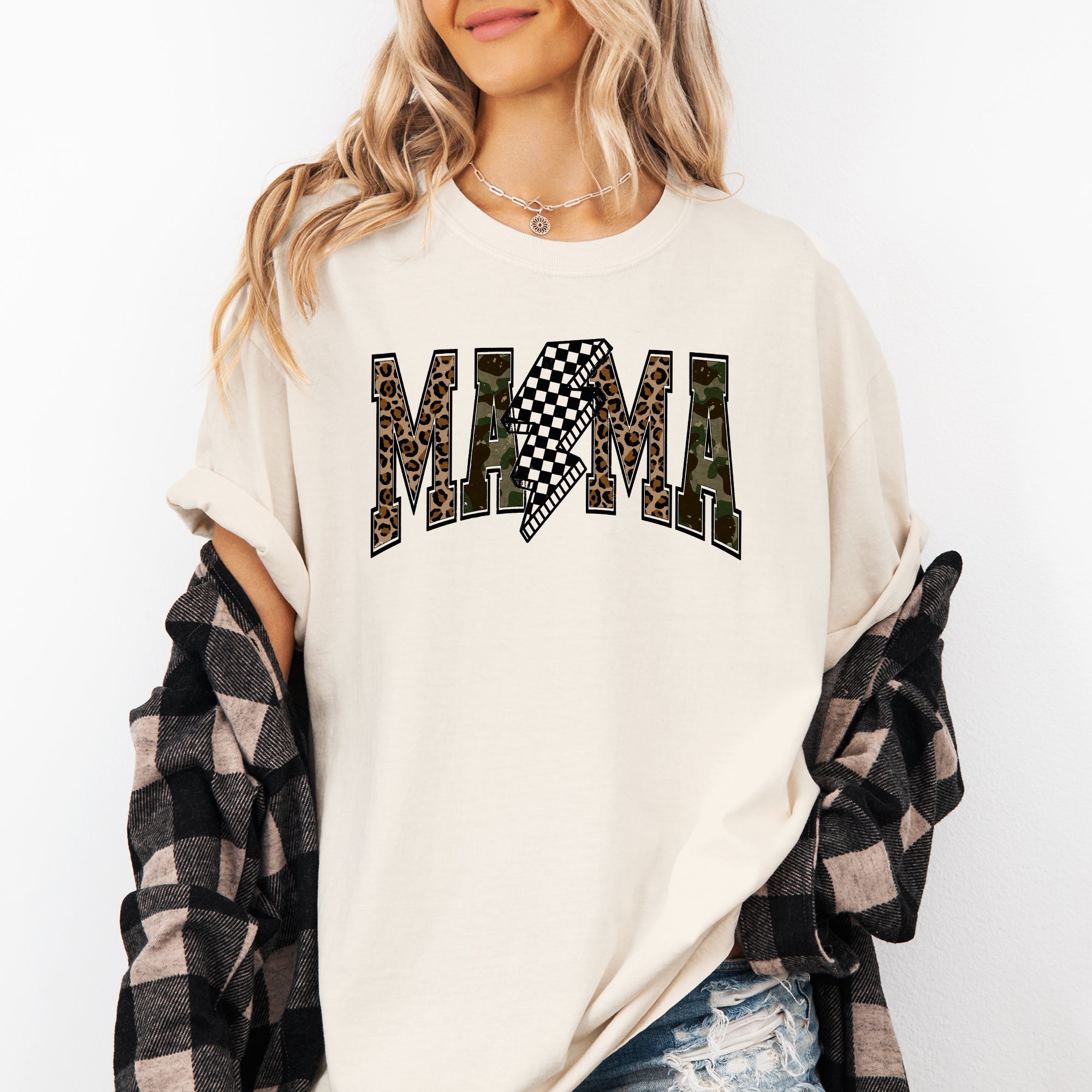 Mama Leopard Print Camo Checkered Lightning Bolt Mother's Day Comfort Colors Tee