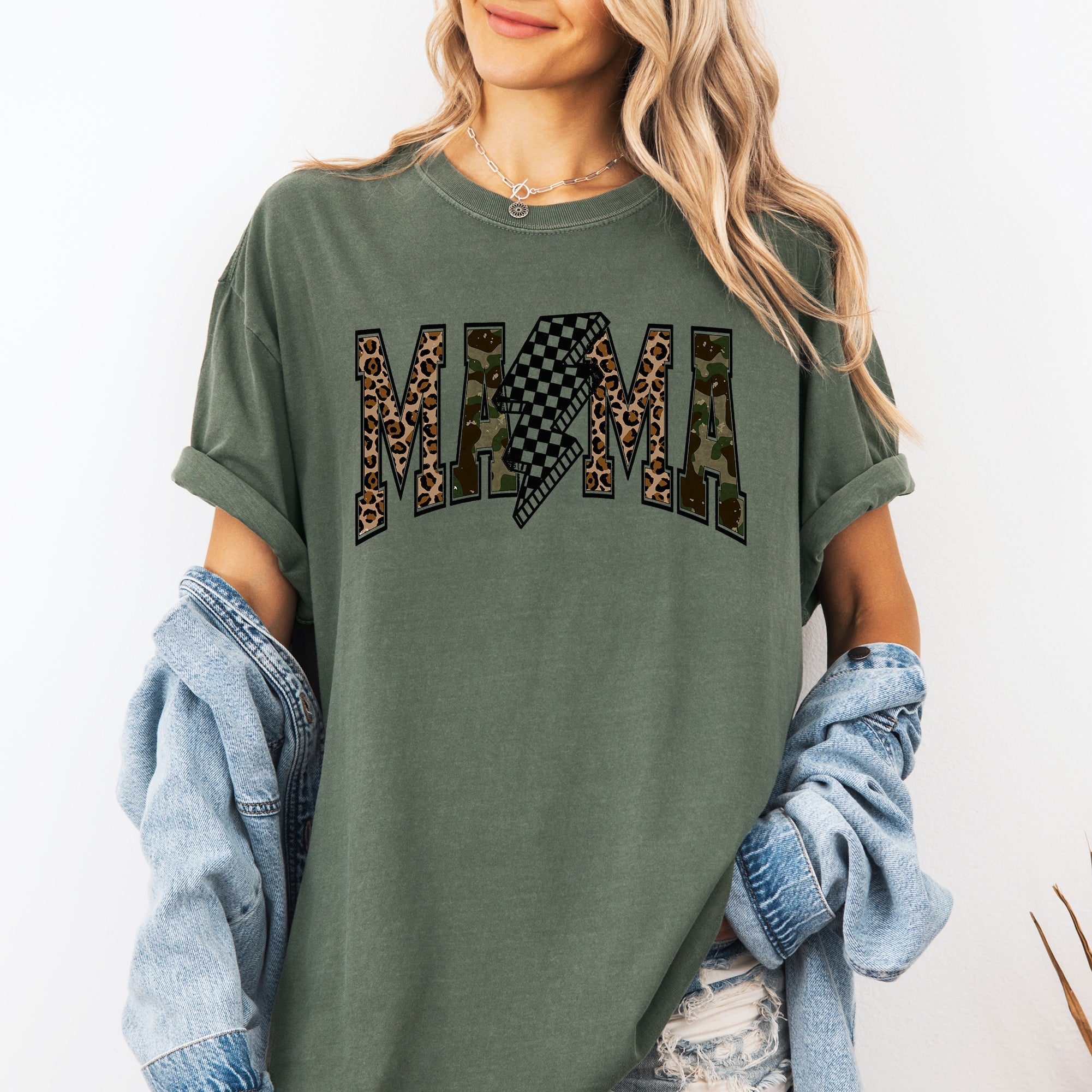 Mama Leopard Print Camo Checkered Lightning Bolt Mother's Day Comfort Colors Tee