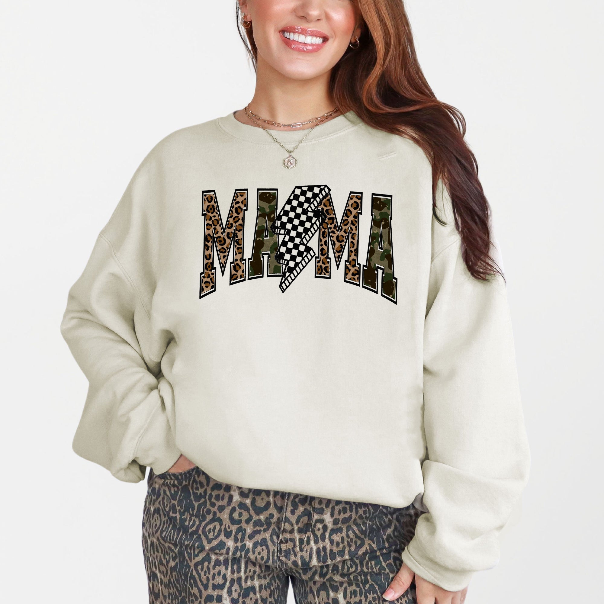 Mama Leopard Print Camouflage Checkered Lightning Bolt Mother's Day Edition Cozy Sweatshirt