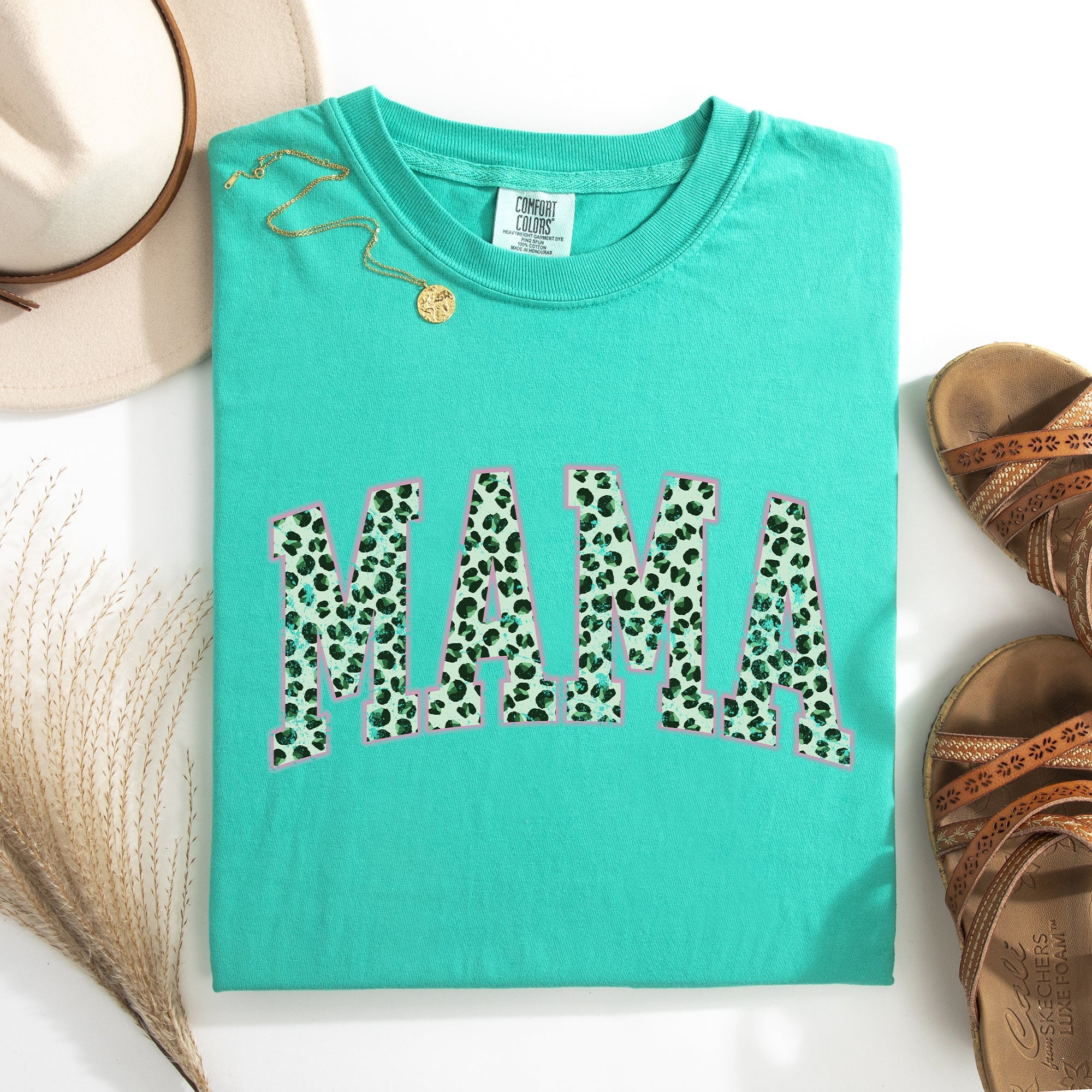 Mama Leopard Print Collegiate Leprechaun Shamrock Clover St Patrick's Day Comfort Colors Tee