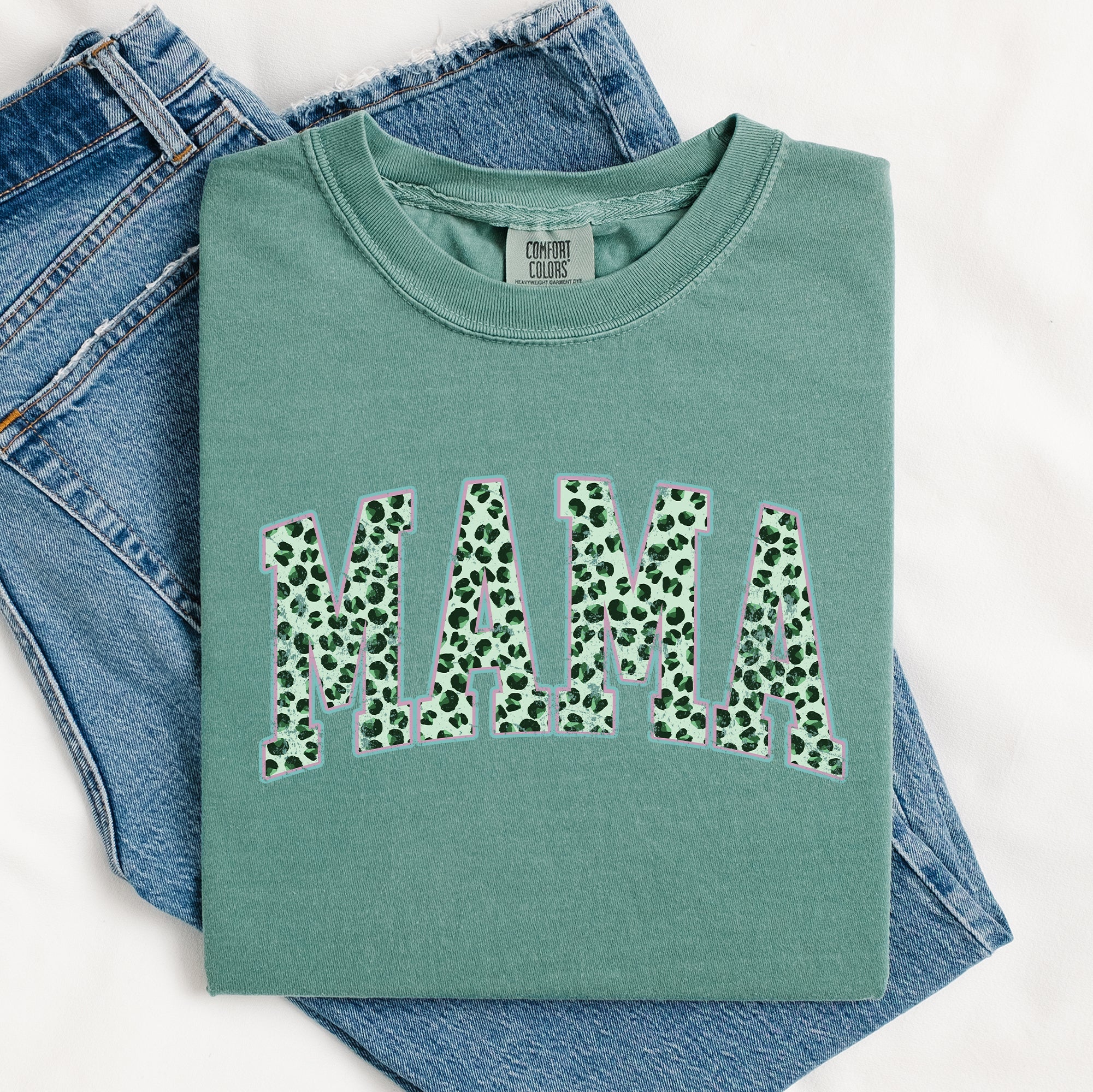Mama Leopard Print Collegiate Leprechaun Shamrock Clover St Patrick's Day Comfort Colors Tee