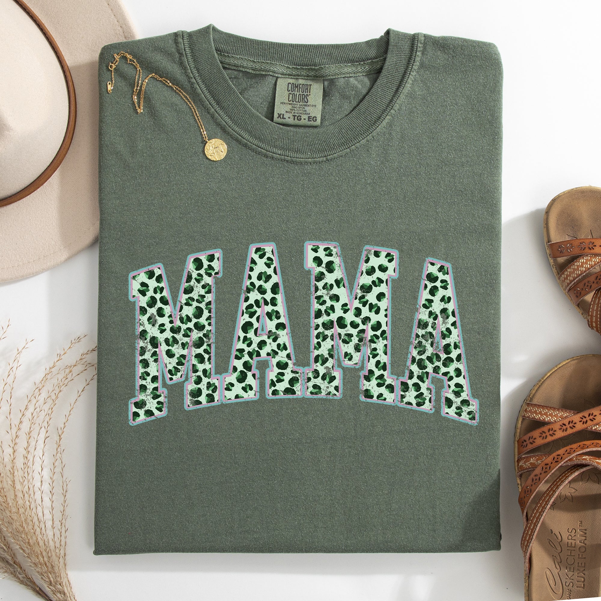 Mama Leopard Print Collegiate Leprechaun Shamrock Clover St Patrick's Day Comfort Colors Tee