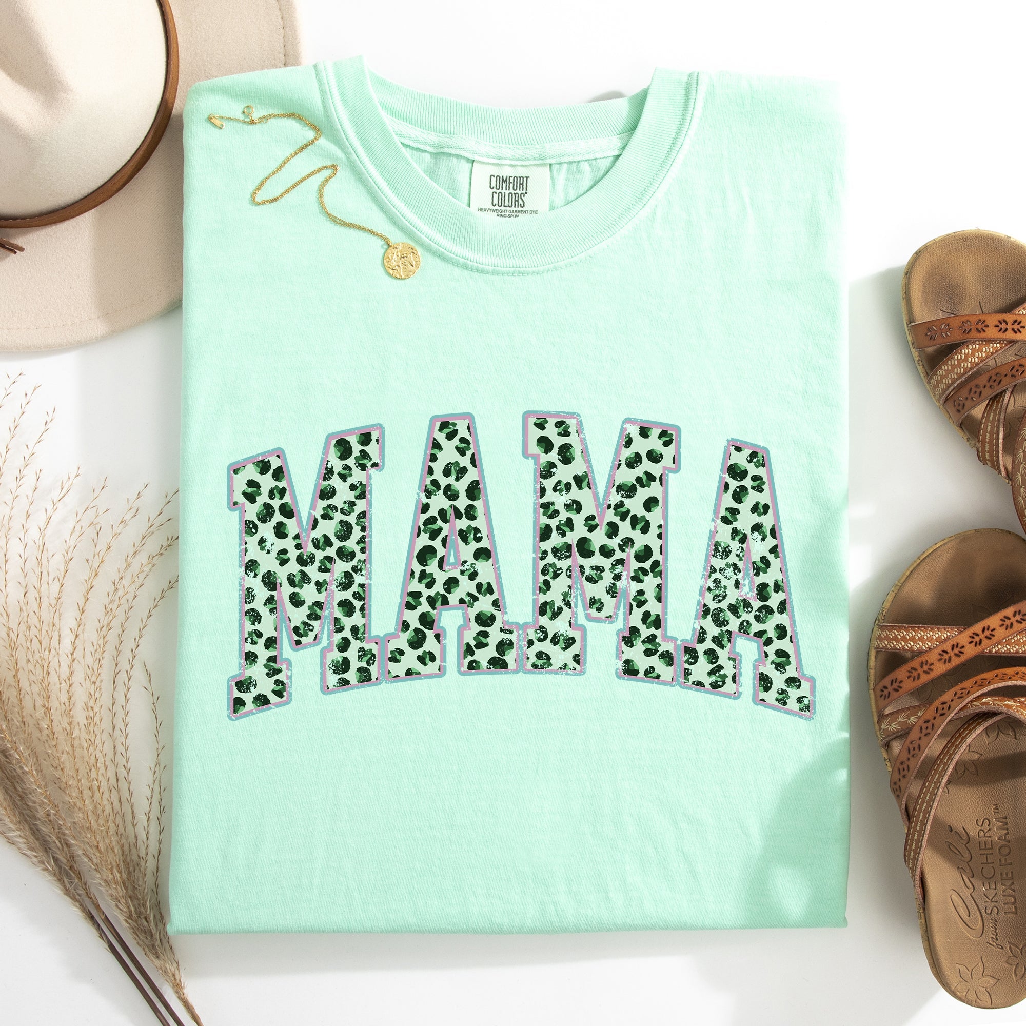 Mama Leopard Print Collegiate Leprechaun Shamrock Clover St Patrick's Day Comfort Colors Tee