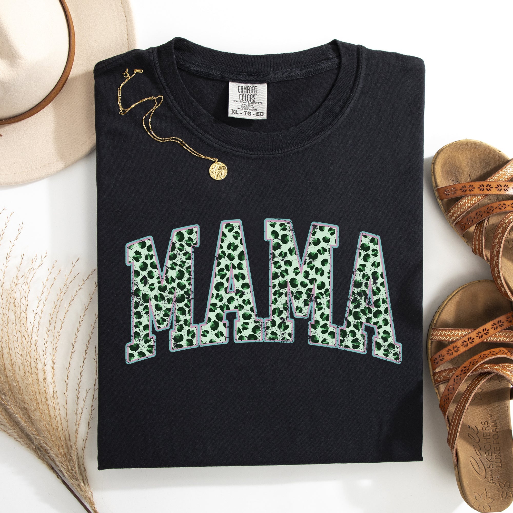 Mama Leopard Print Collegiate Leprechaun Shamrock Clover St Patrick's Day Comfort Colors Tee