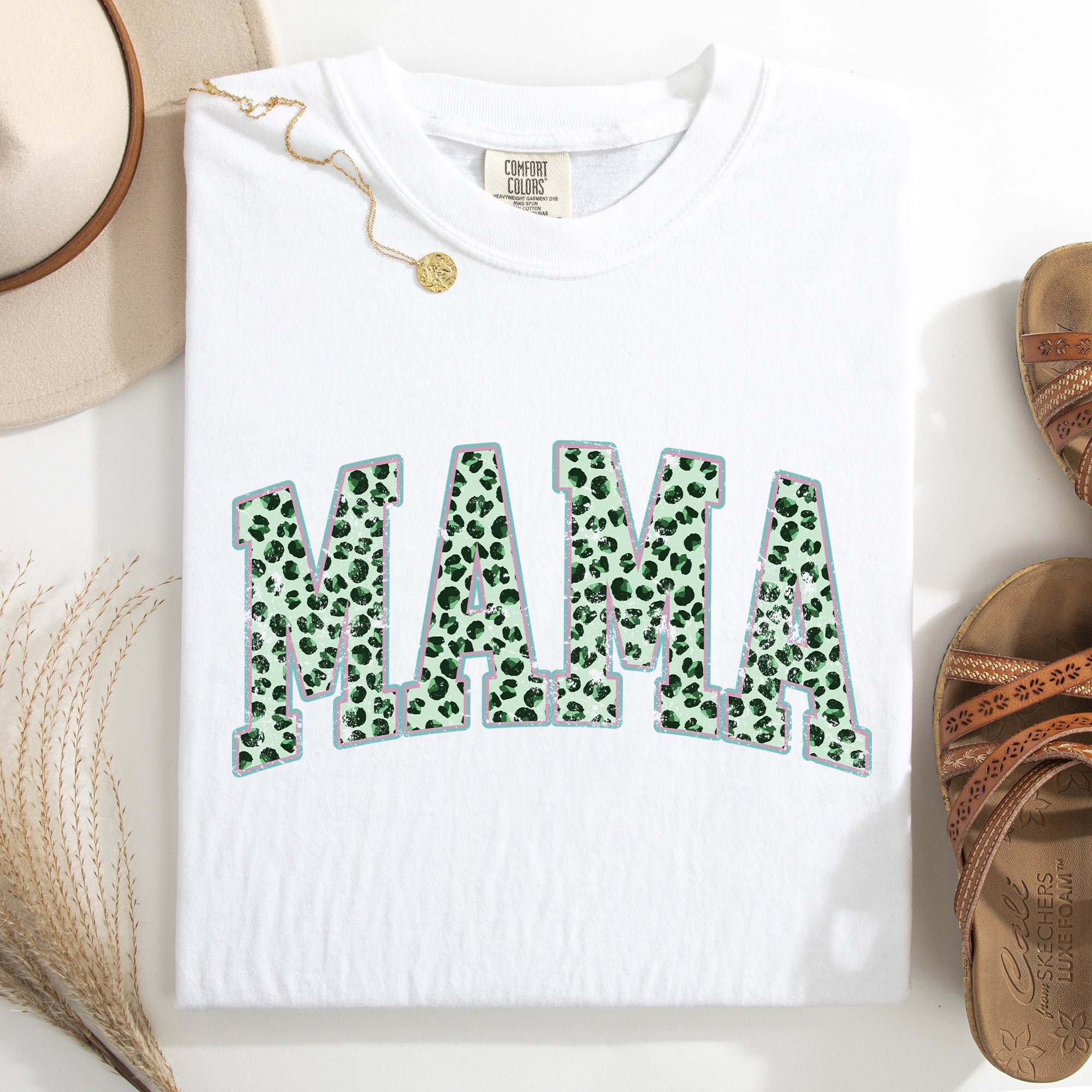 Mama Leopard Print Collegiate Leprechaun Shamrock Clover St Patrick's Day Comfort Colors Tee