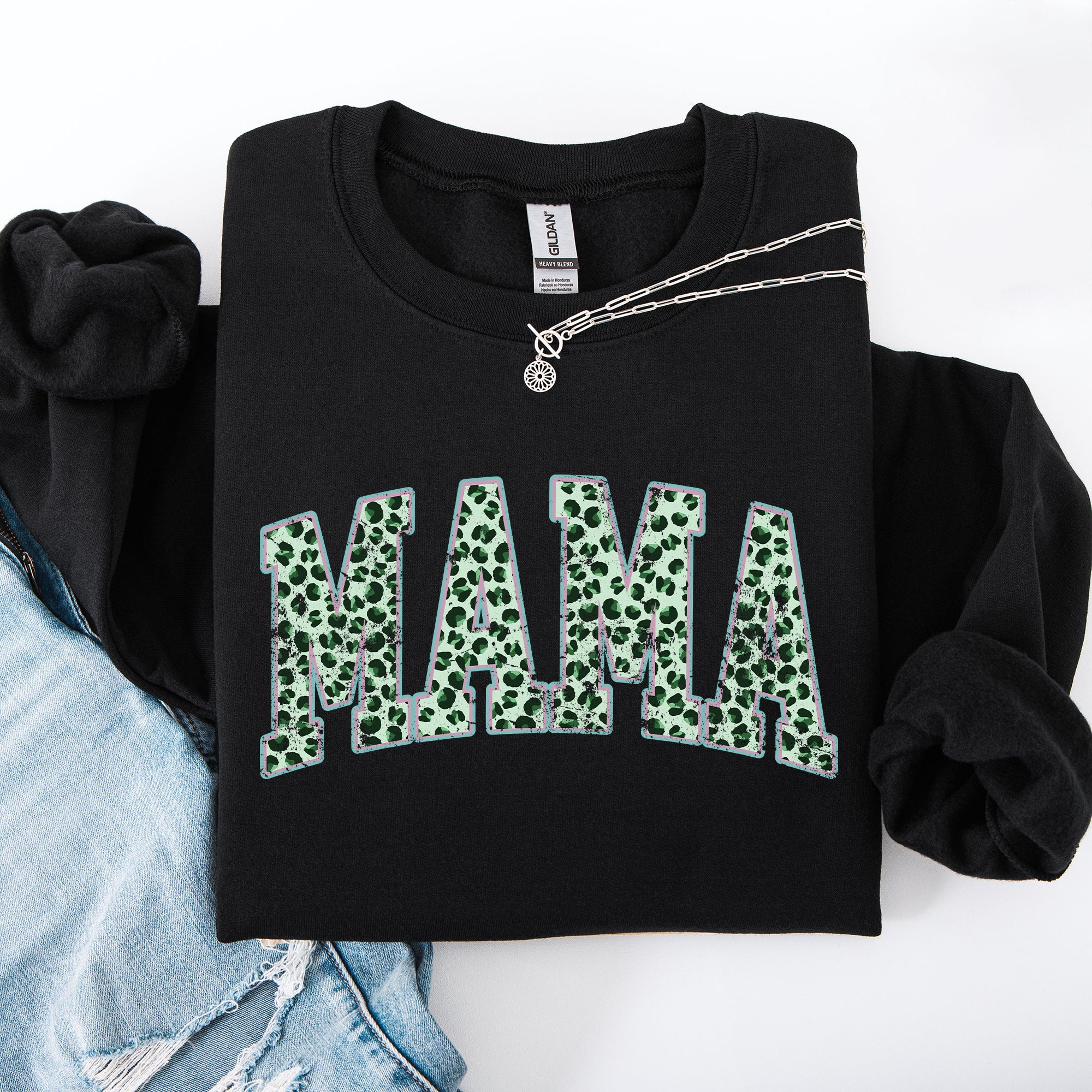 Mama Leopard Print Collegiate Varsity St Patrick's Day Shamrock Clover Lucky Leprechaun Sweatshirt