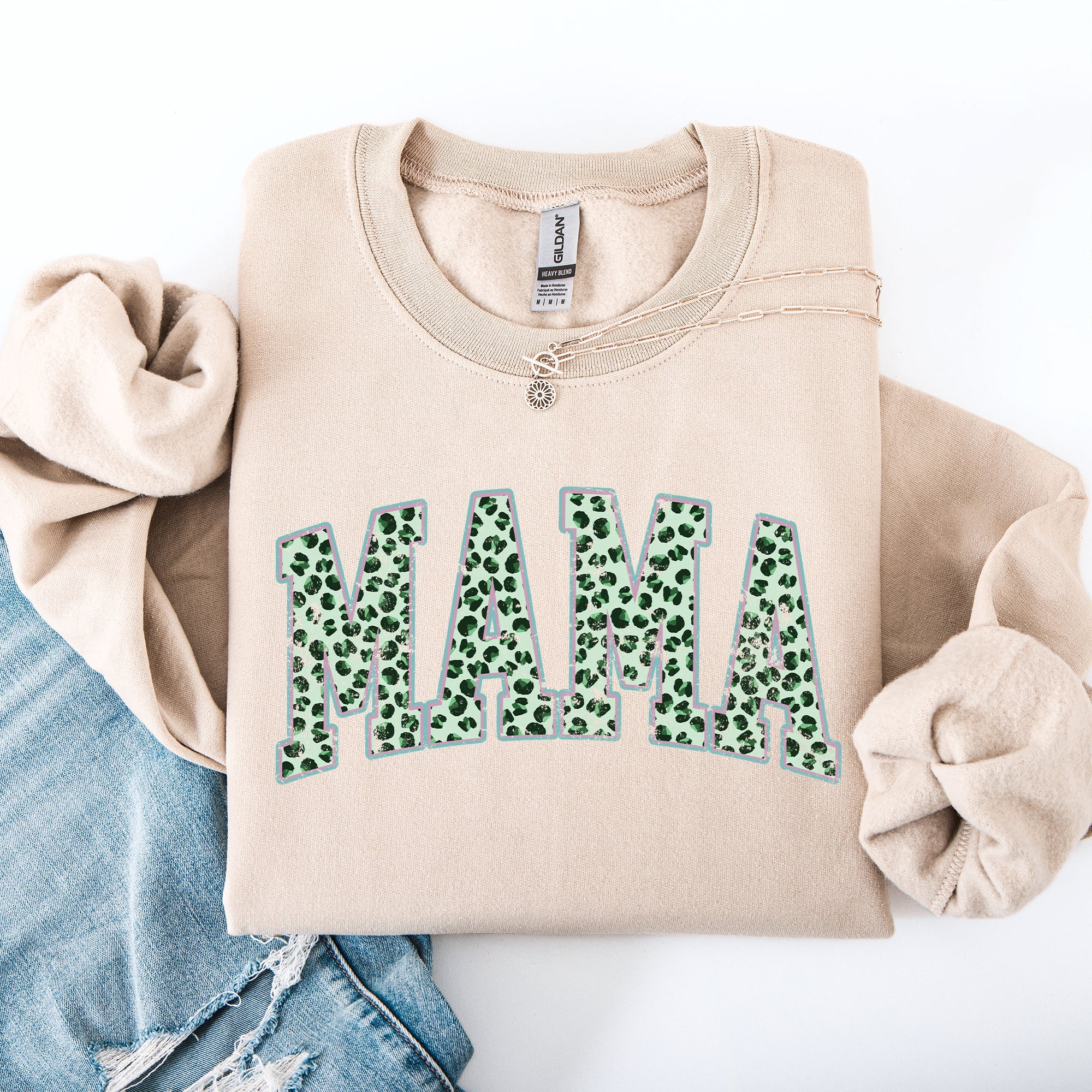 Mama Leopard Print Collegiate Varsity St Patrick's Day Shamrock Clover Lucky Leprechaun Sweatshirt