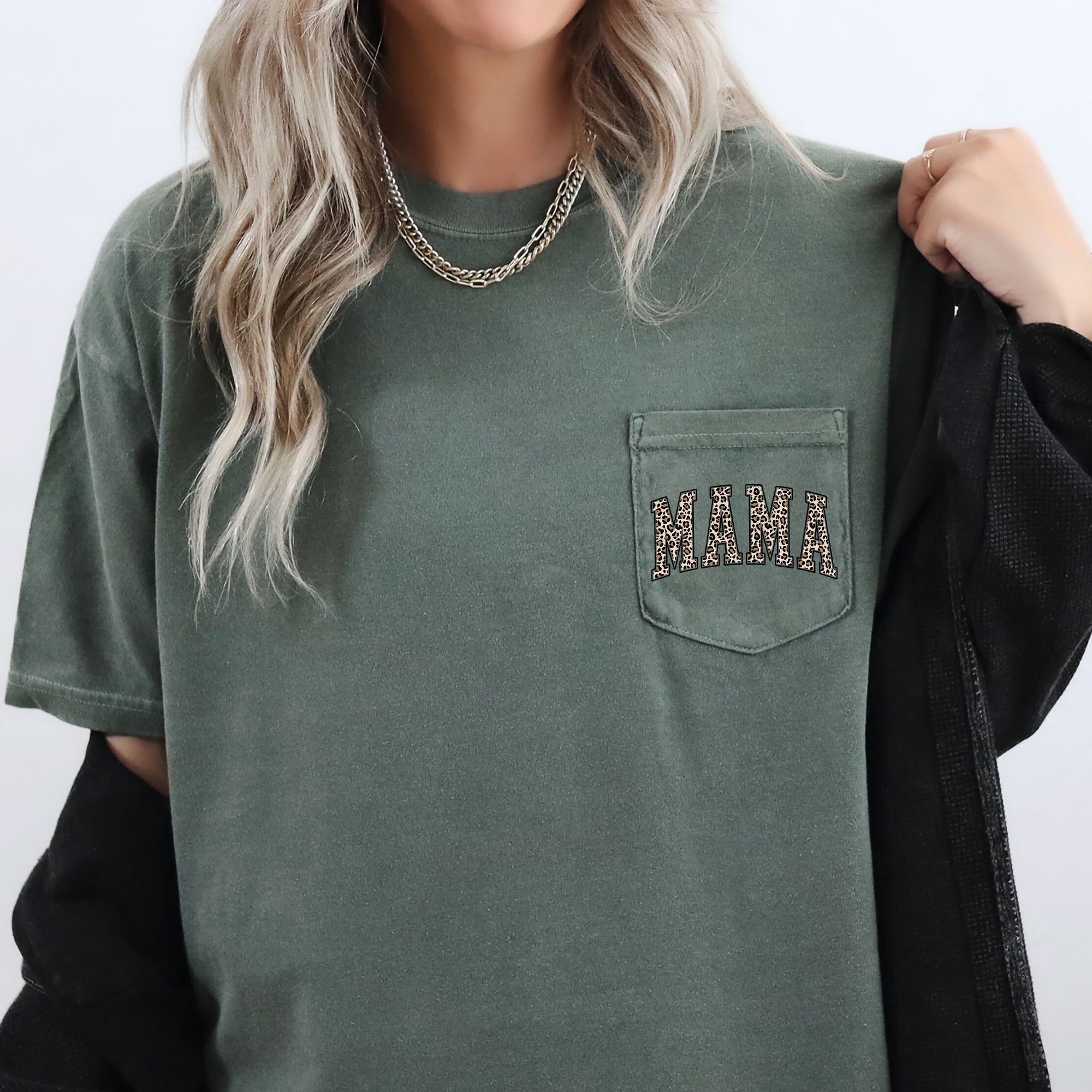 Mama Leopard Print Pocket Retro Vintage Inspired Leopard Mama Statement Comfort Colors Tee