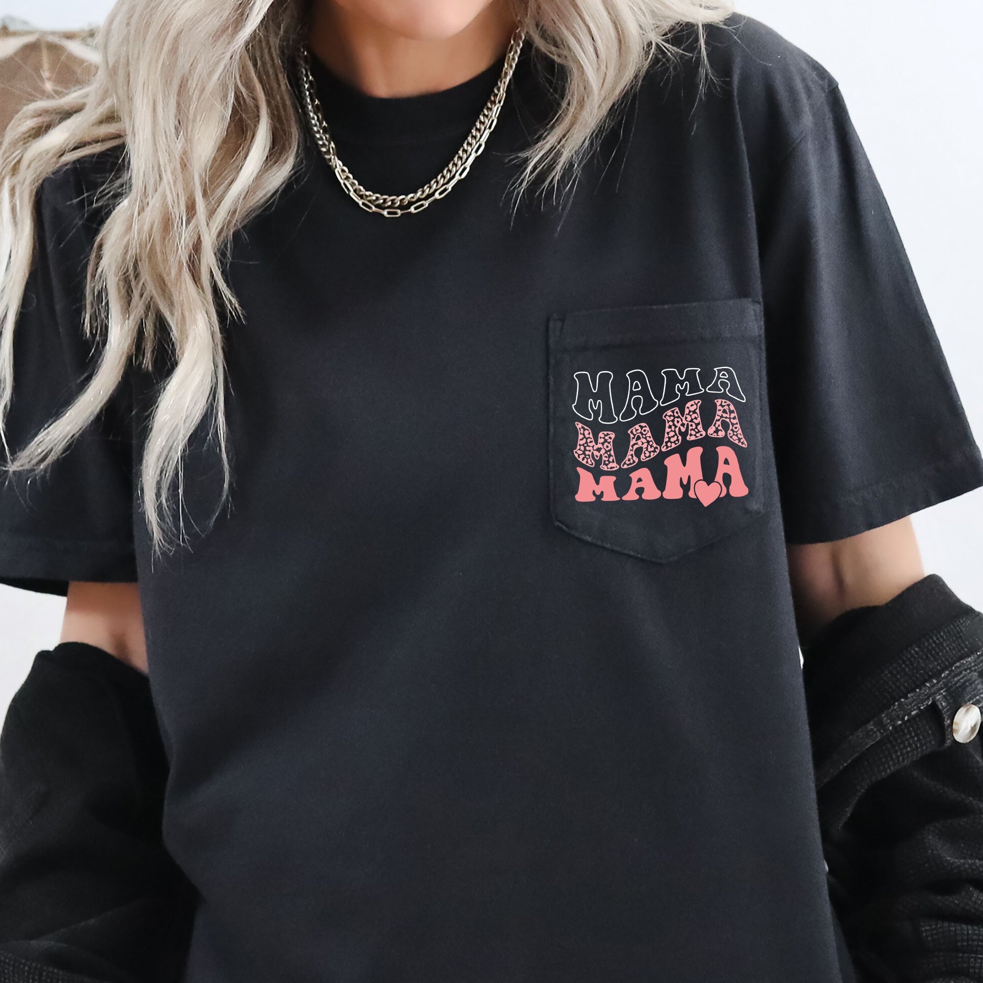 Mama, Leopard, Heart Vintage-Style Graphic With Retro Lettering And Soft Hand-Drawn Look Pocket Tee