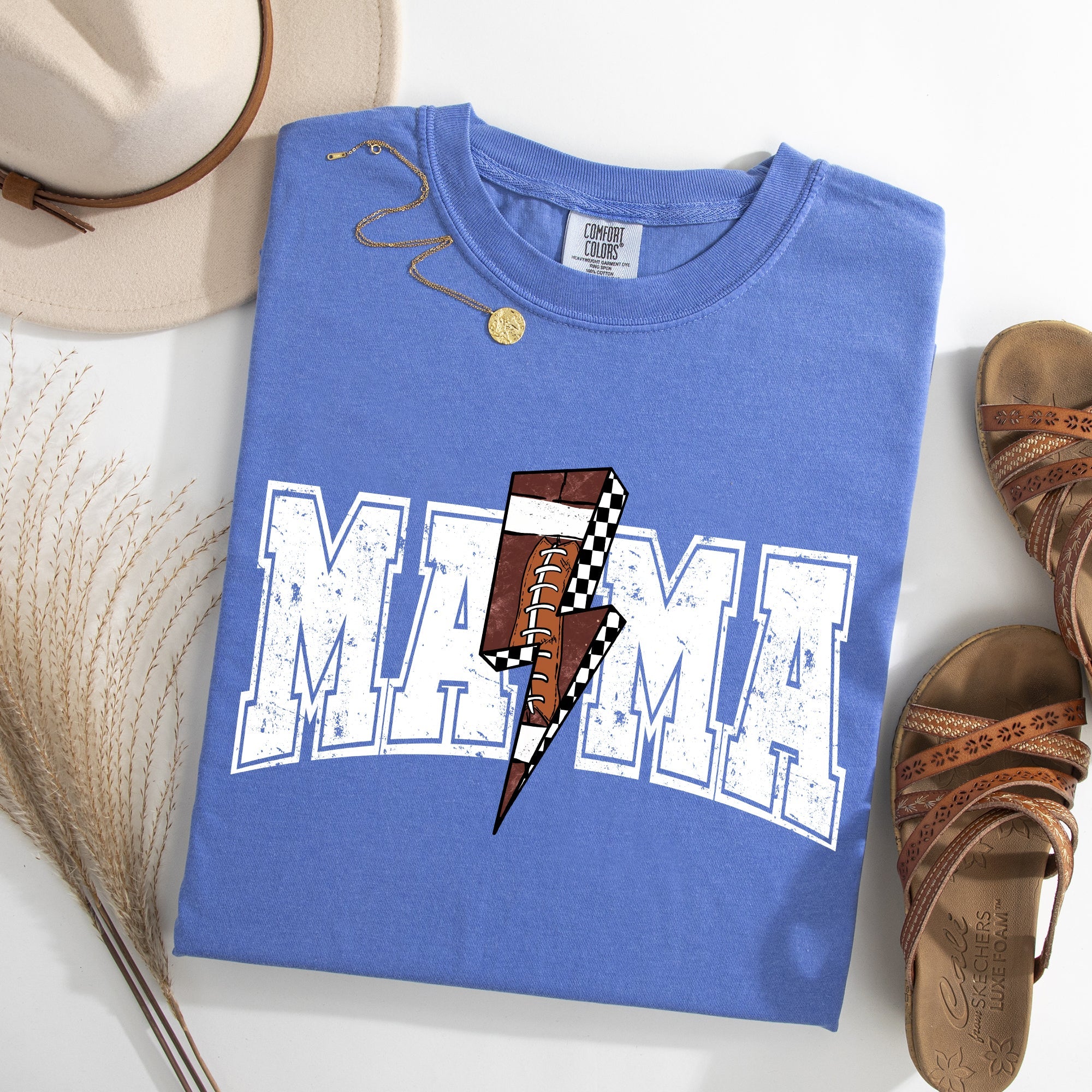 Mama Lightning Bolt Checkered Football Sports Game Day Tailgate Party Comfort Colors Tee