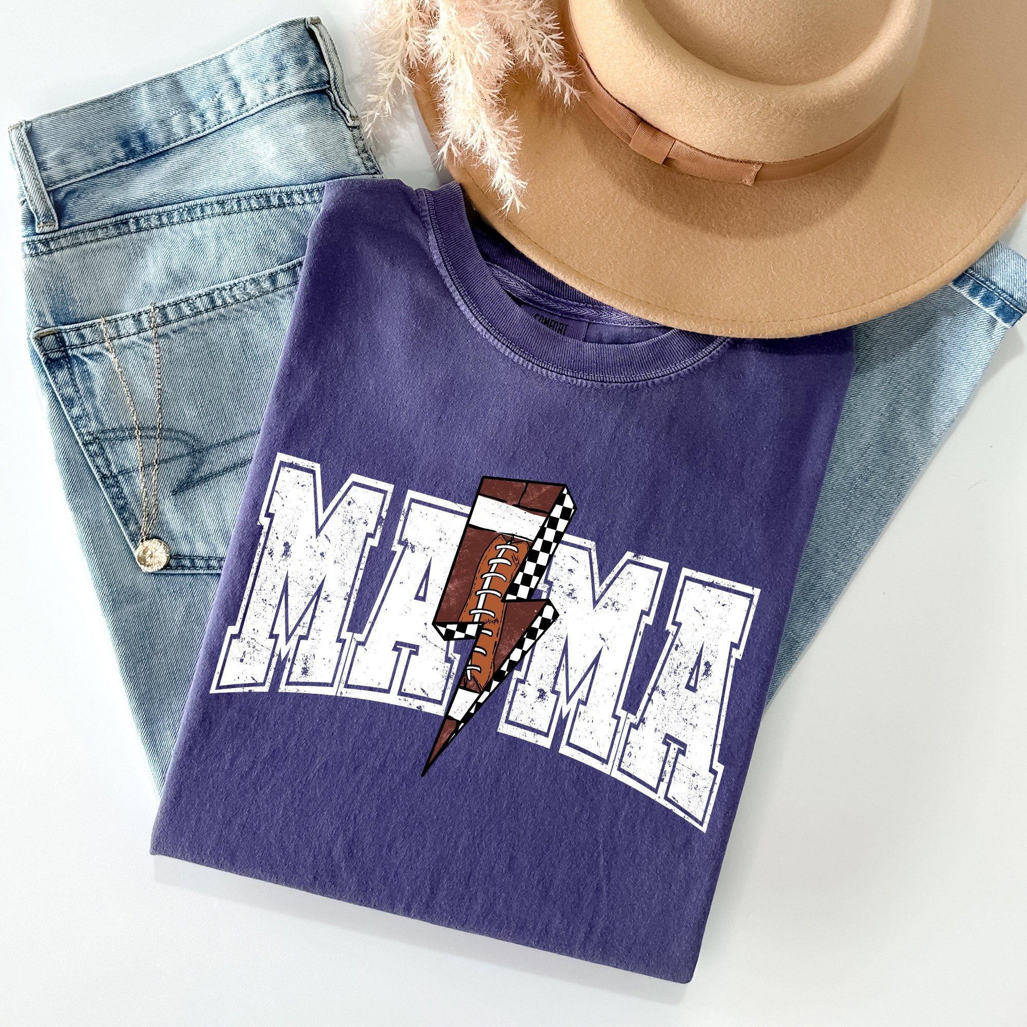 Mama Lightning Bolt Checkered Football Sports Game Day Tailgate Party Comfort Colors Tee