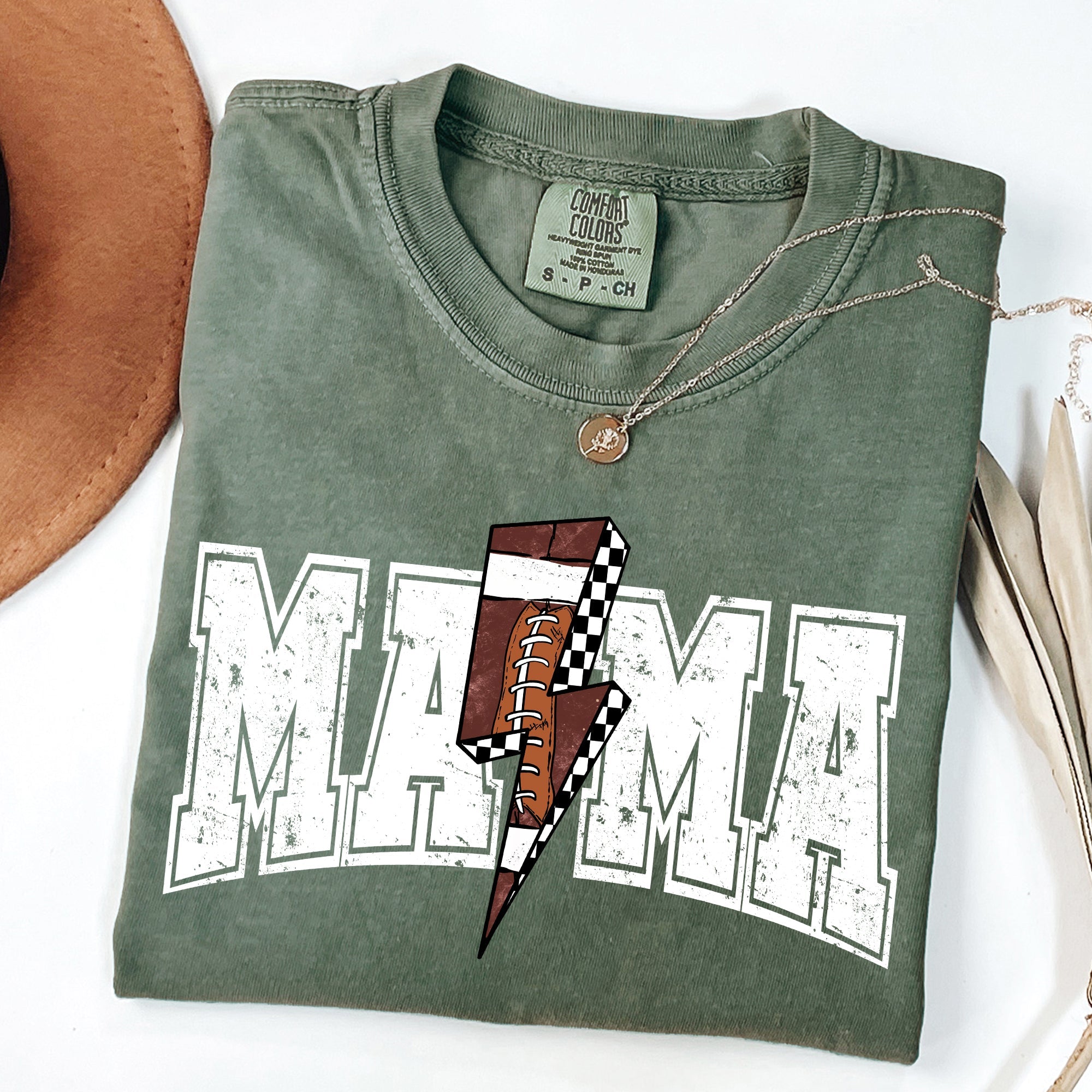 Mama Lightning Bolt Checkered Football Sports Game Day Tailgate Party Comfort Colors Tee
