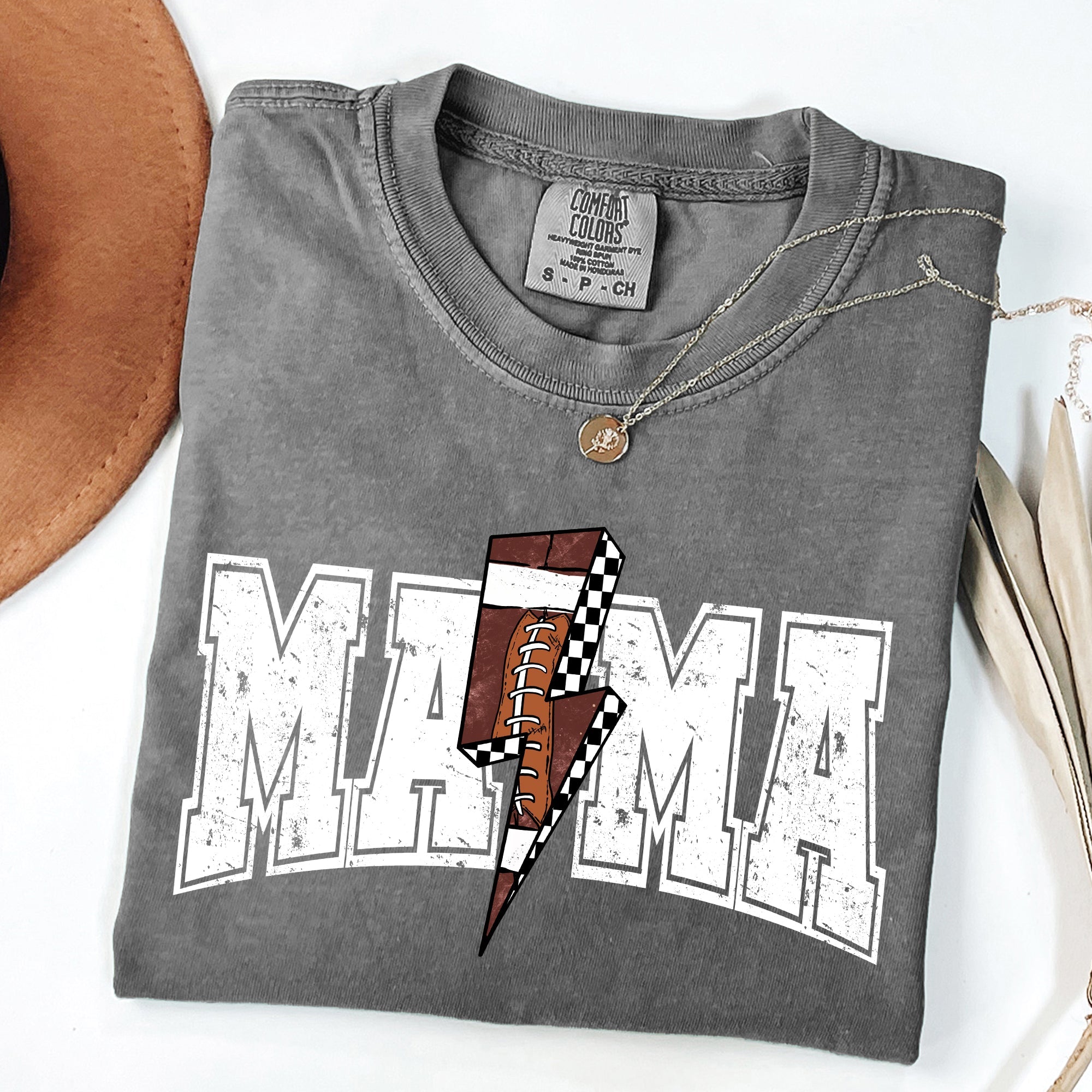 Mama Lightning Bolt Checkered Football Sports Game Day Tailgate Party Comfort Colors Tee