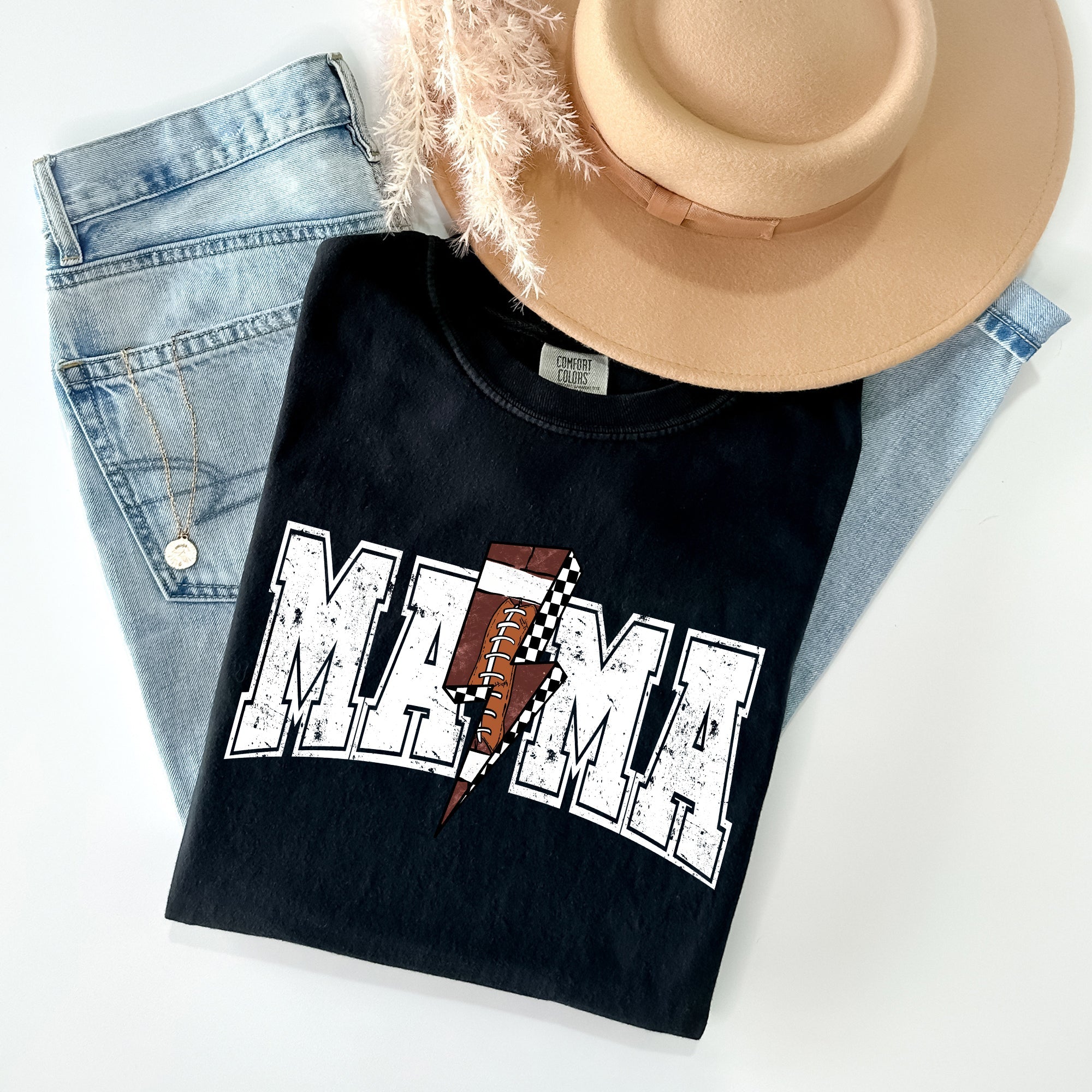 Mama Lightning Bolt Checkered Football Sports Game Day Tailgate Party Comfort Colors Tee