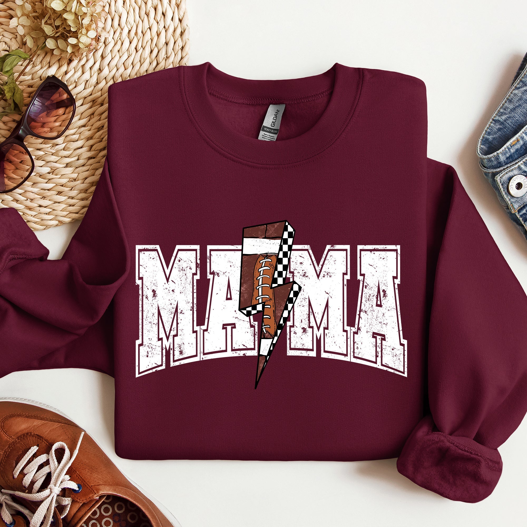 Mama Lightning Bolt Checkered Football Sports Game Day Big Game Touchdown Tailgate Party Sweatshirt