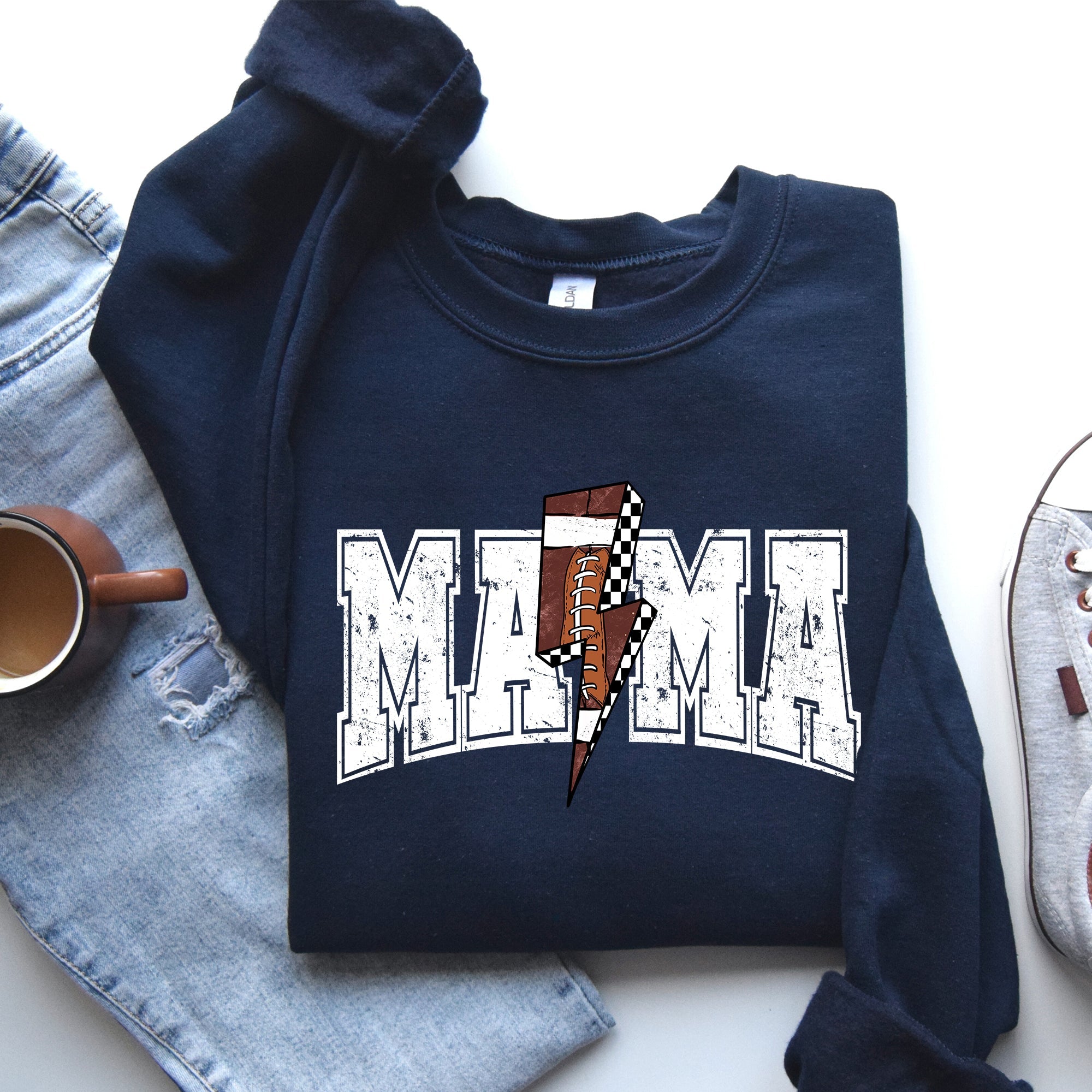 Mama Lightning Bolt Checkered Football Sports Game Day Big Game Touchdown Tailgate Party Sweatshirt