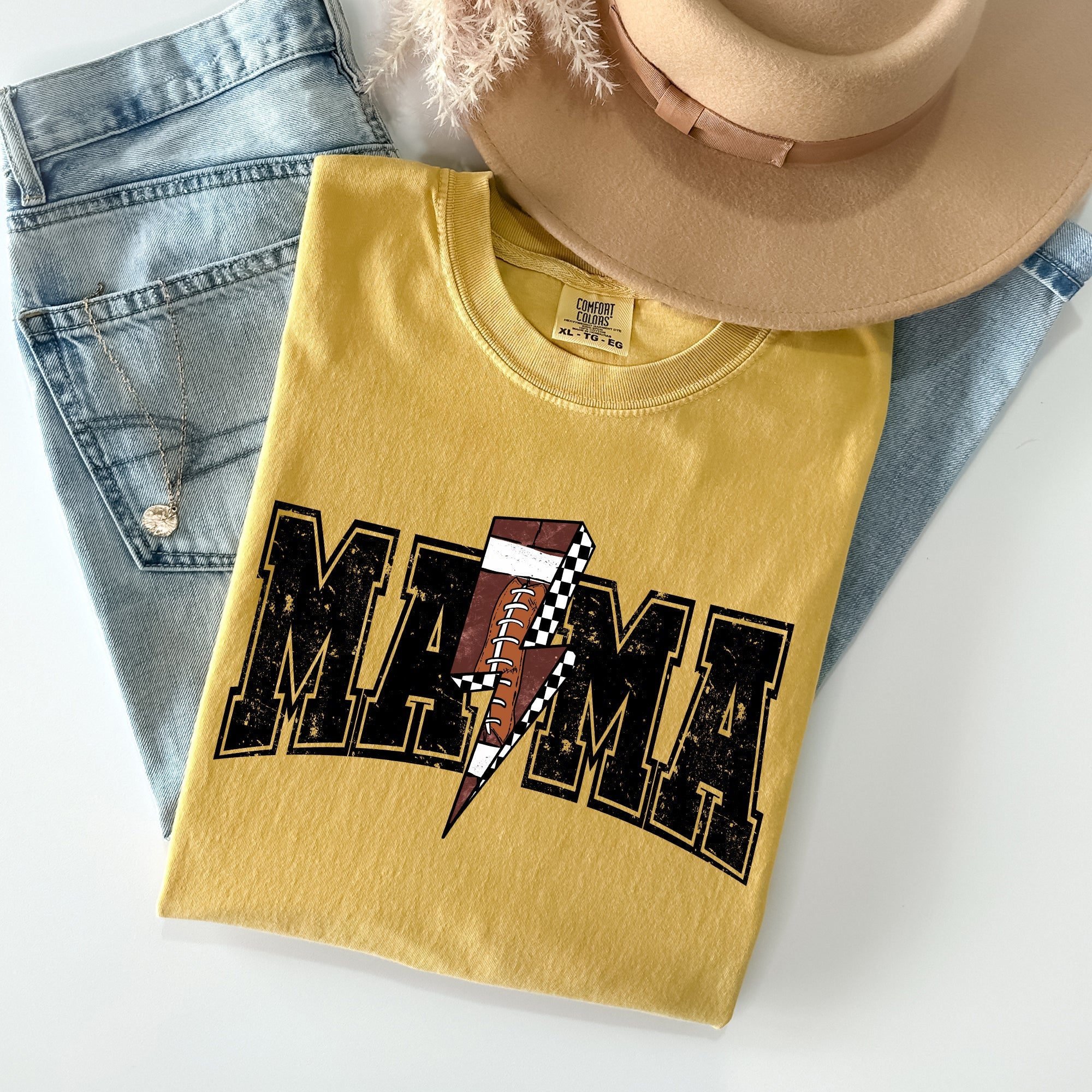 Mama Lightning Bolt Checkered Football Sports Game Day Tailgate Party Comfort Colors Tee