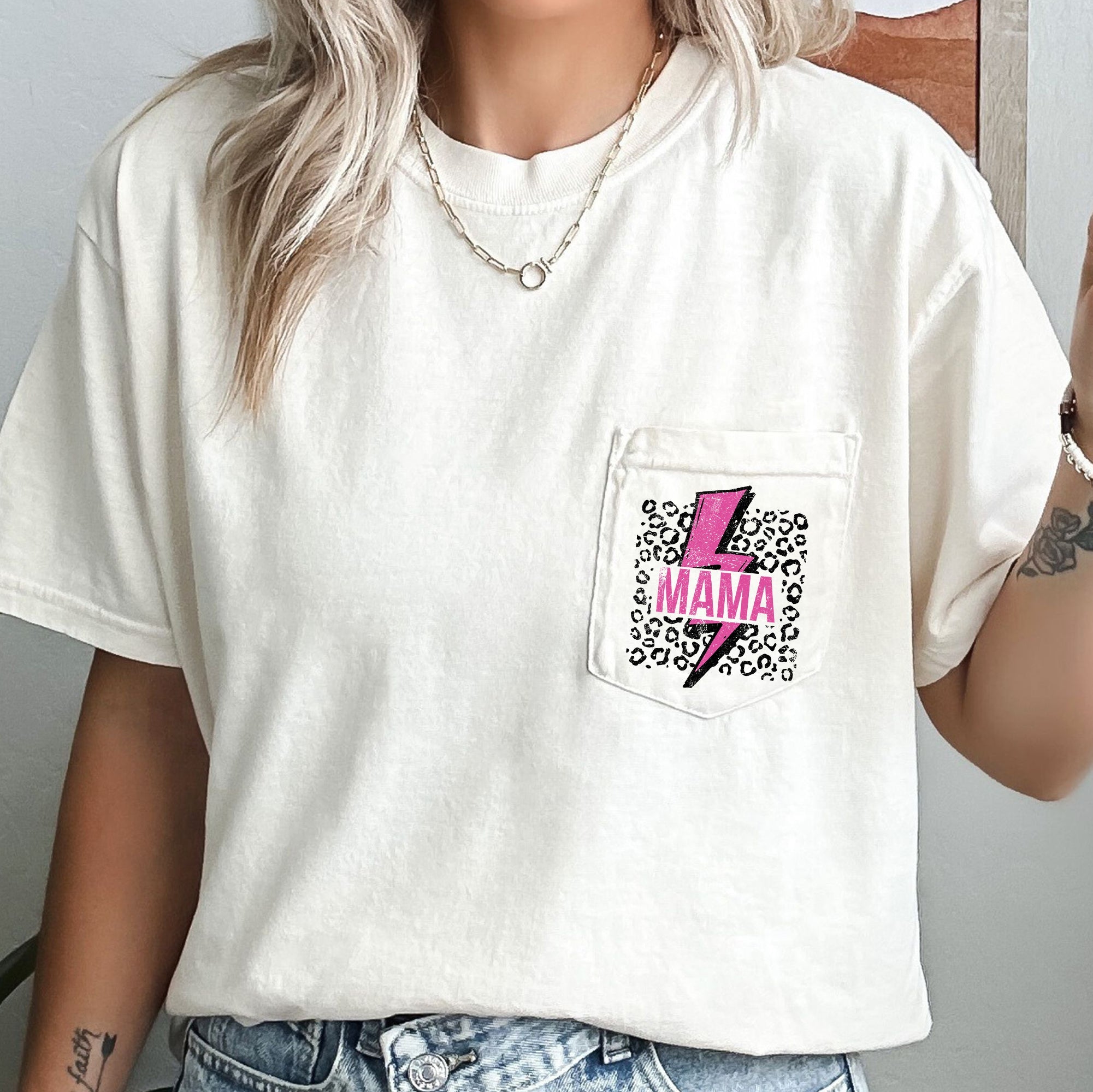 Mama Lightning Bolt Leopard Print Deluxe Vintage Inspired Pocket Tee Comfort Colors Tee