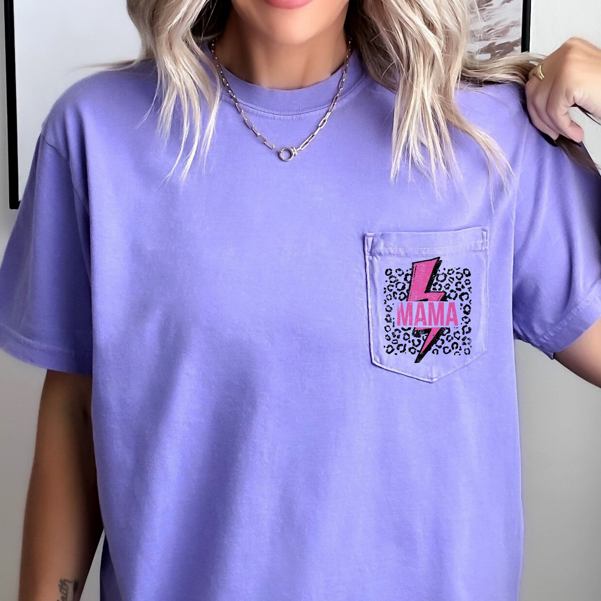 Mama Lightning Bolt Leopard Print Deluxe Vintage Inspired Pocket Tee Comfort Colors Tee