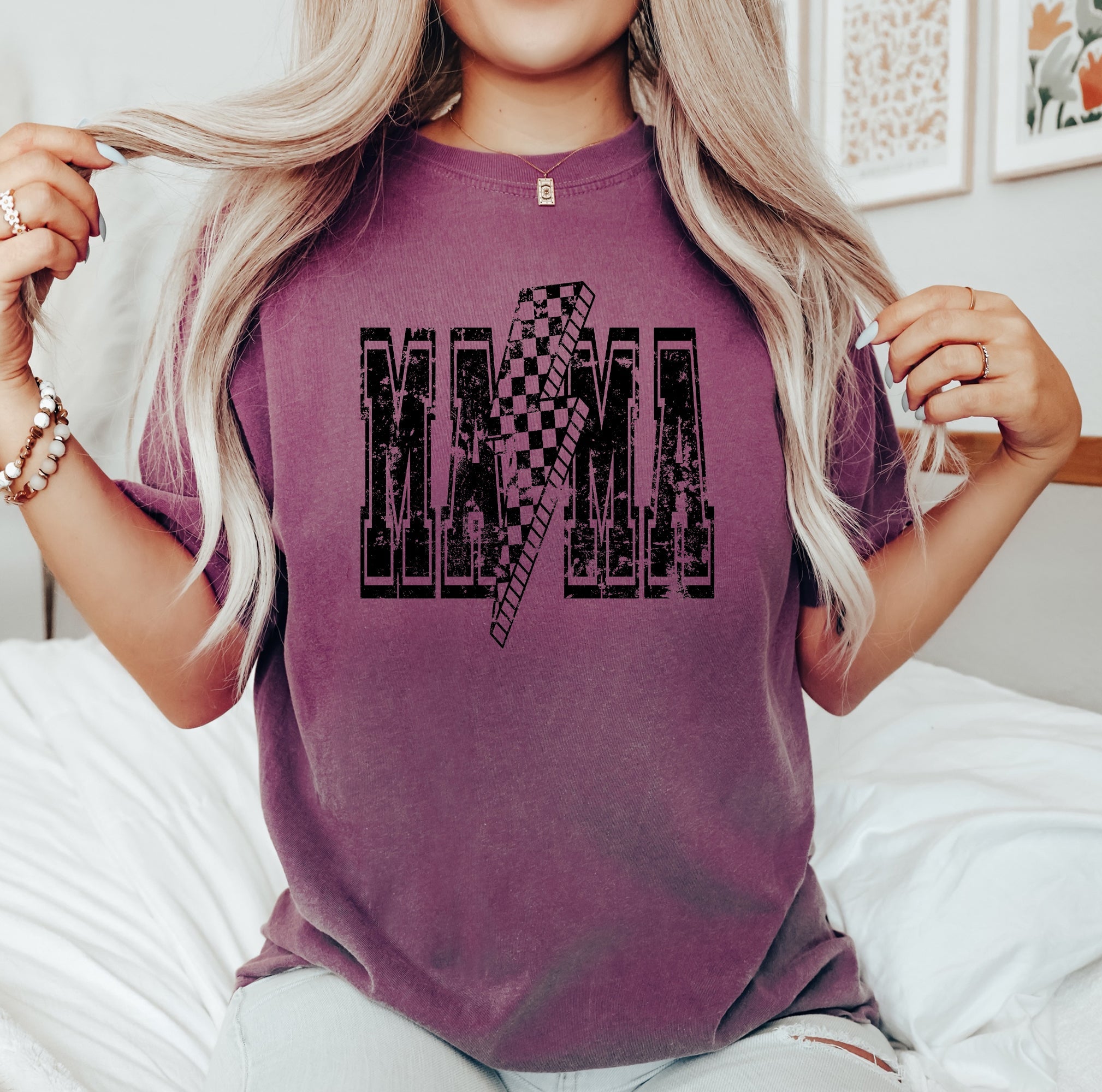 Mama Lightning Bolt Vintage Checkered Mom Life Mother's Day Celebration Comfort Colors Tee