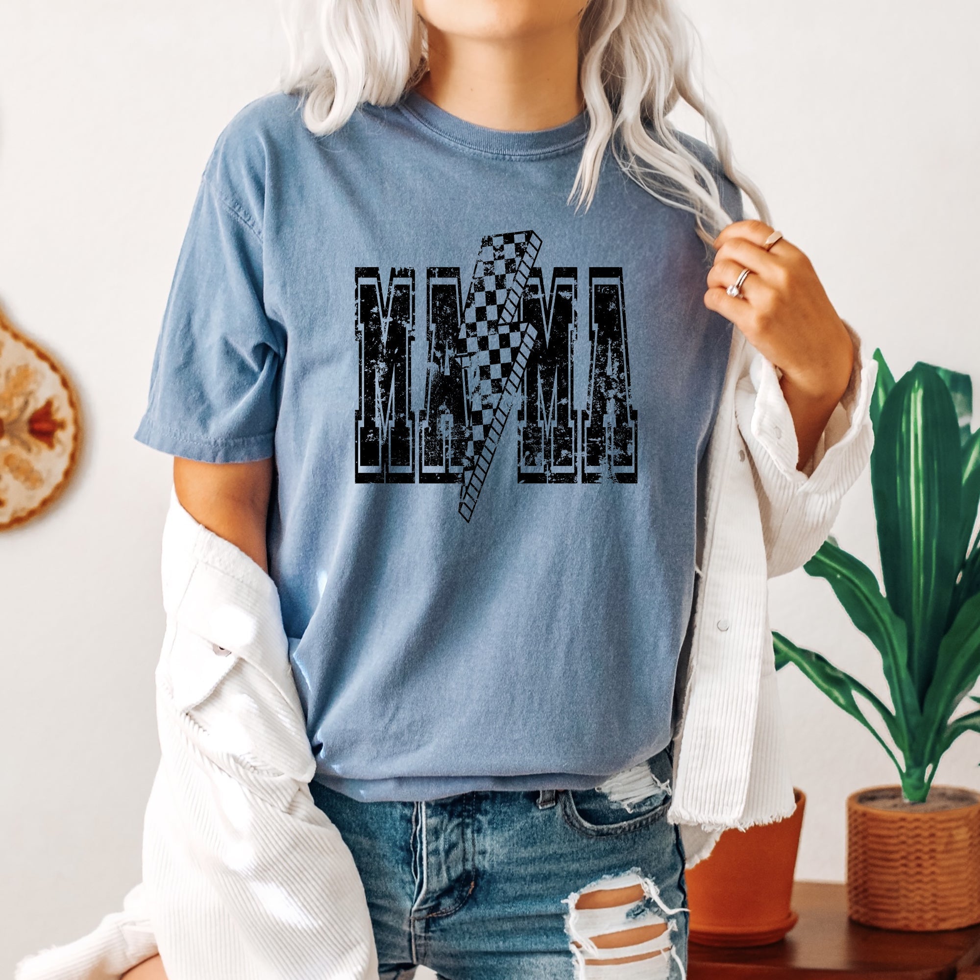Mama Lightning Bolt Vintage Checkered Mom Life Mother's Day Celebration Comfort Colors Tee