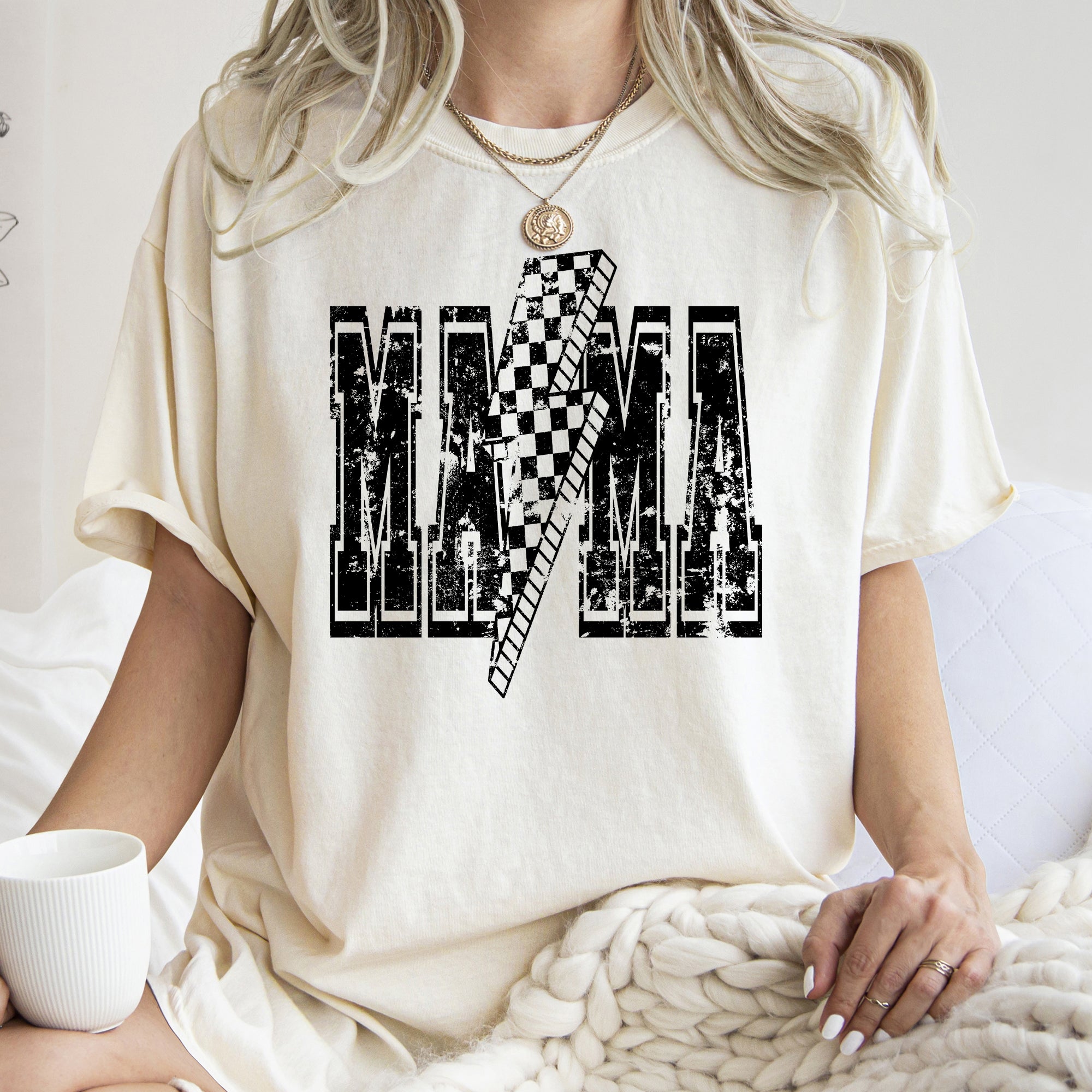 Mama Lightning Bolt Vintage Checkered Mom Life Mother's Day Celebration Comfort Colors Tee