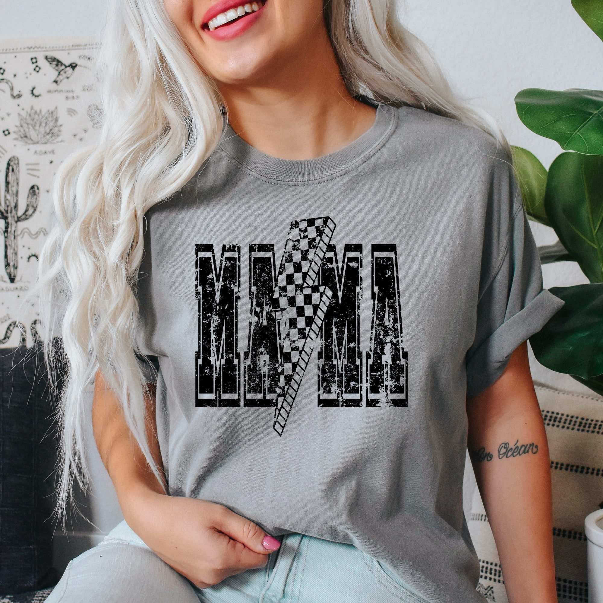 Mama Lightning Bolt Vintage Checkered Mom Life Mother's Day Celebration Comfort Colors Tee