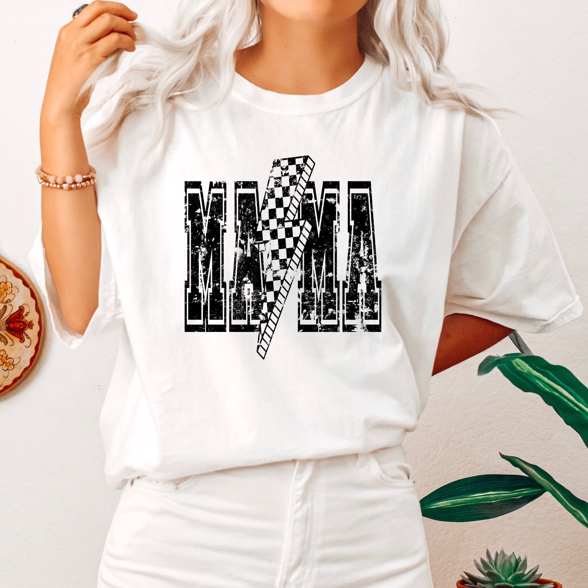 Mama Lightning Bolt Vintage Checkered Mom Life Mother's Day Celebration Comfort Colors Tee