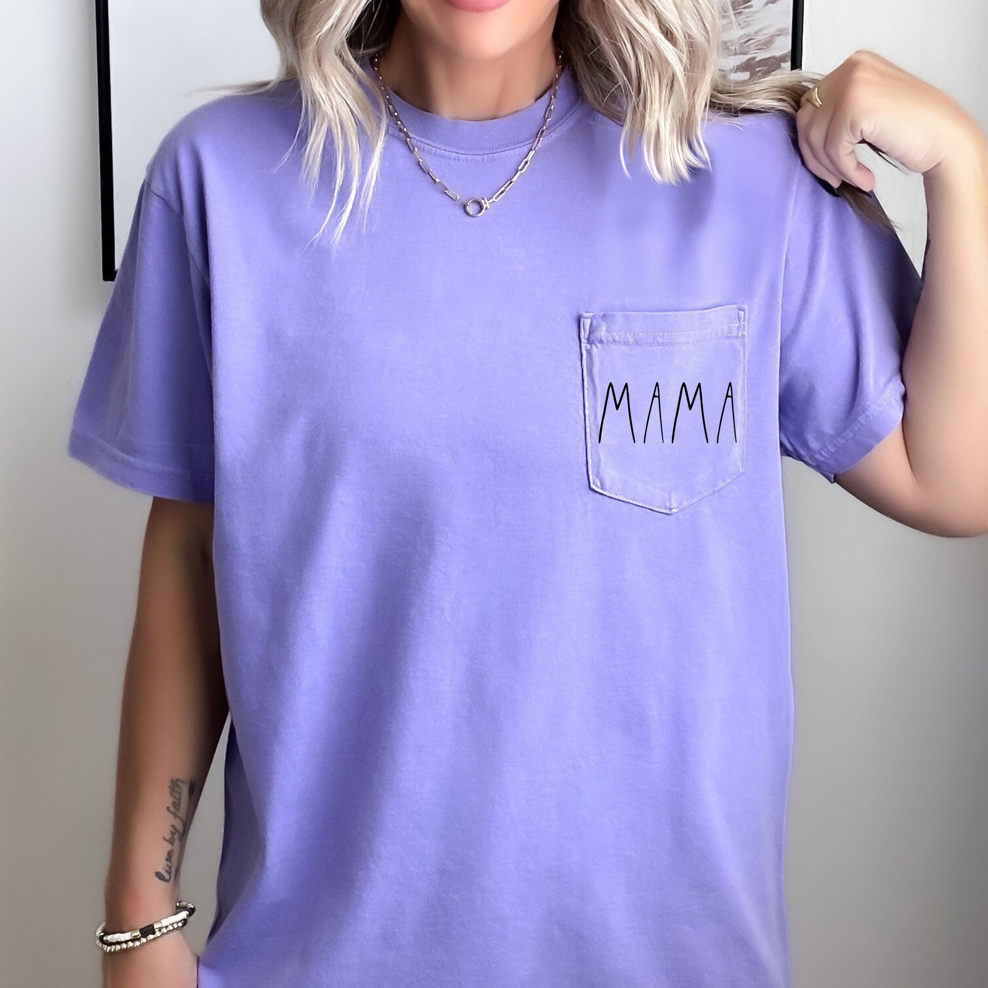 Mama Minimalist Pocket Mother's Day Edition Hand Lettered Script For The Modern Mom Comfort Colors Tee