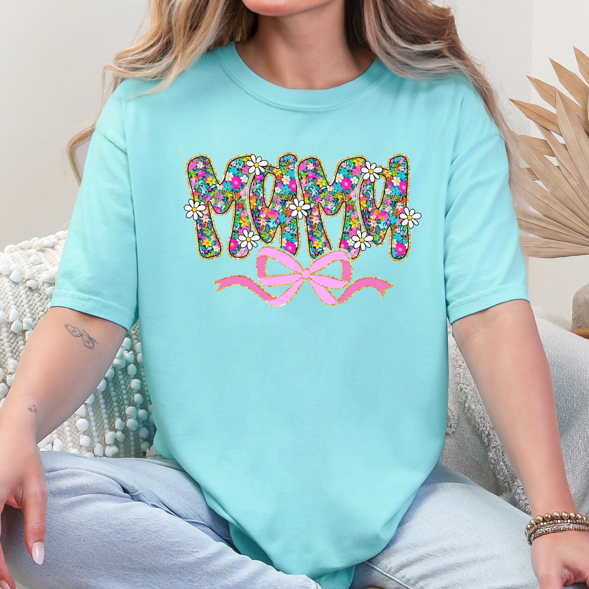 Mama Floral Ribbon Bow Mother's Day Pastel Bouquet Bright Colorful Flowers Comfort Colors Tee