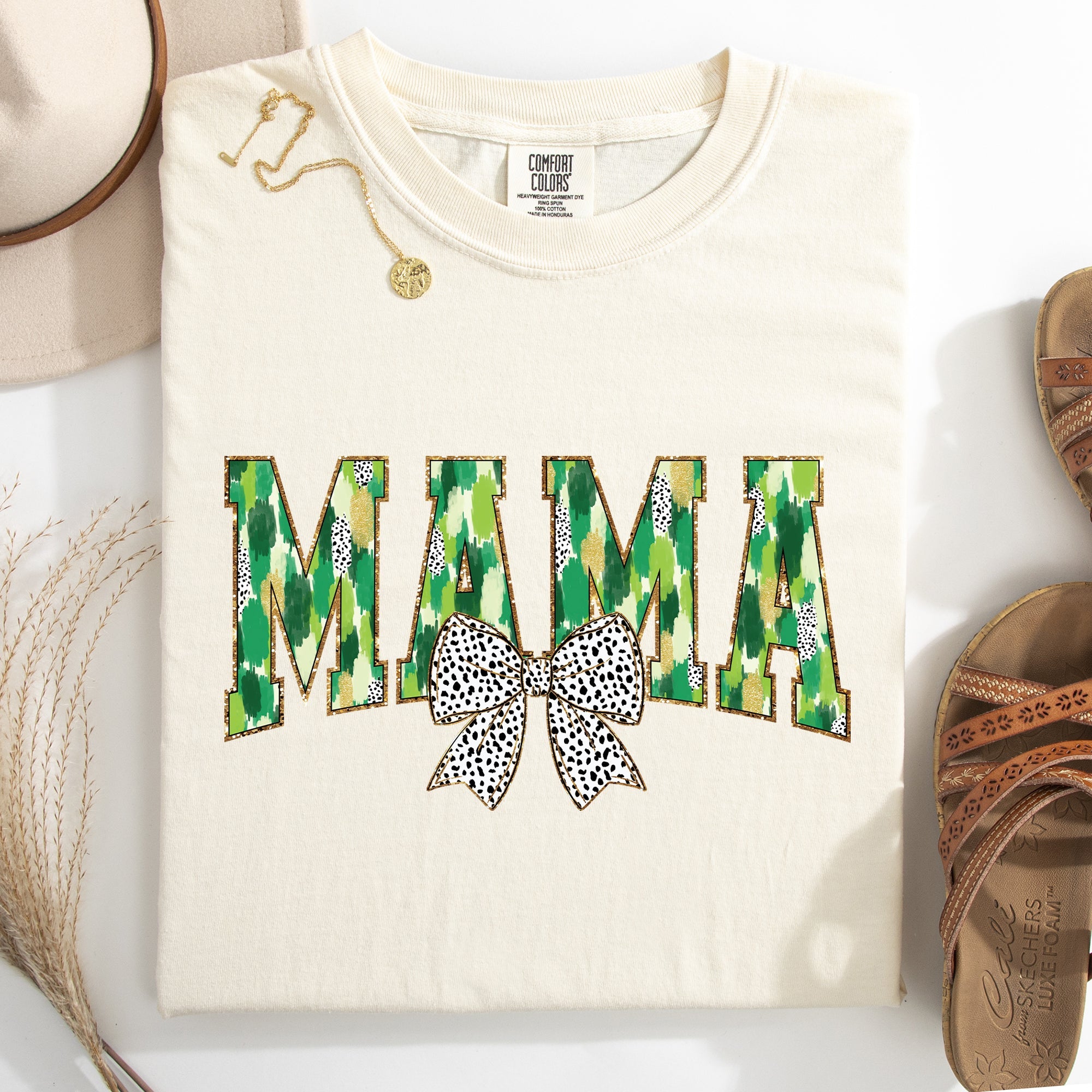 Mama Painted Dalmatian Bow St Patrick's Day Shamrock Clover Lucky Leprechaun Comfort Colors Tee