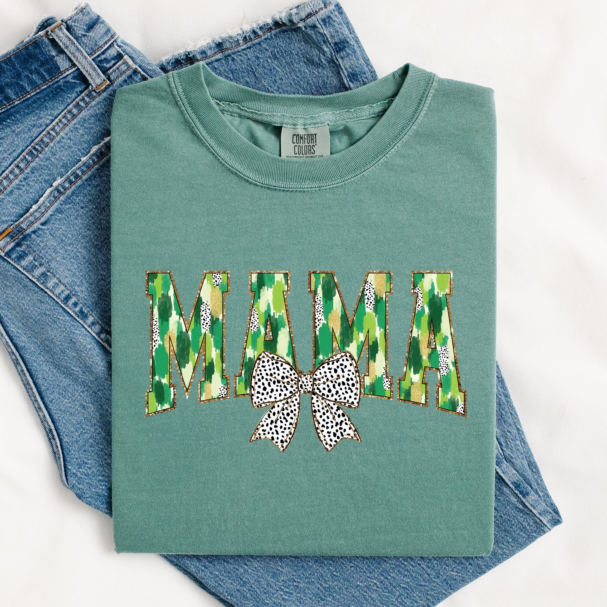 Mama Painted Dalmatian Bow St Patrick's Day Shamrock Clover Lucky Leprechaun Comfort Colors Tee