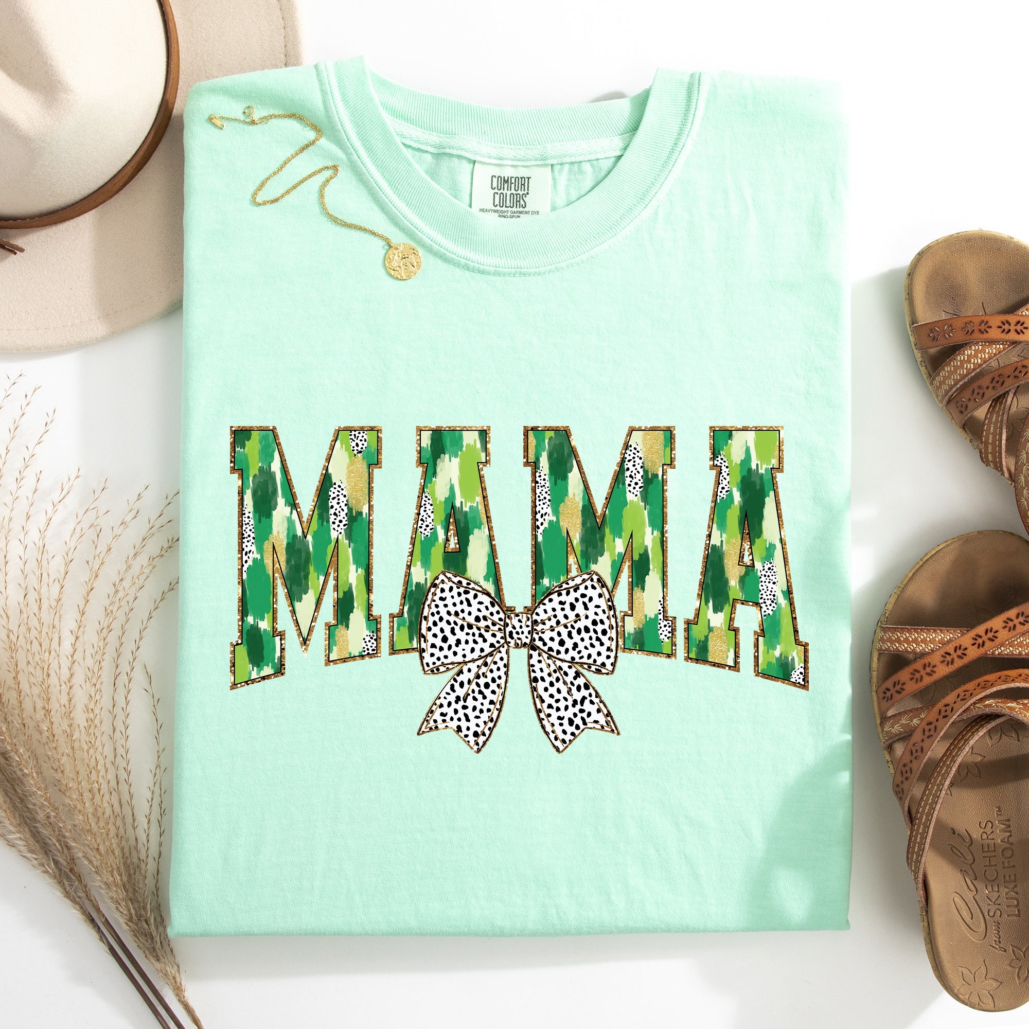 Mama Painted Dalmatian Bow St Patrick's Day Shamrock Clover Lucky Leprechaun Comfort Colors Tee